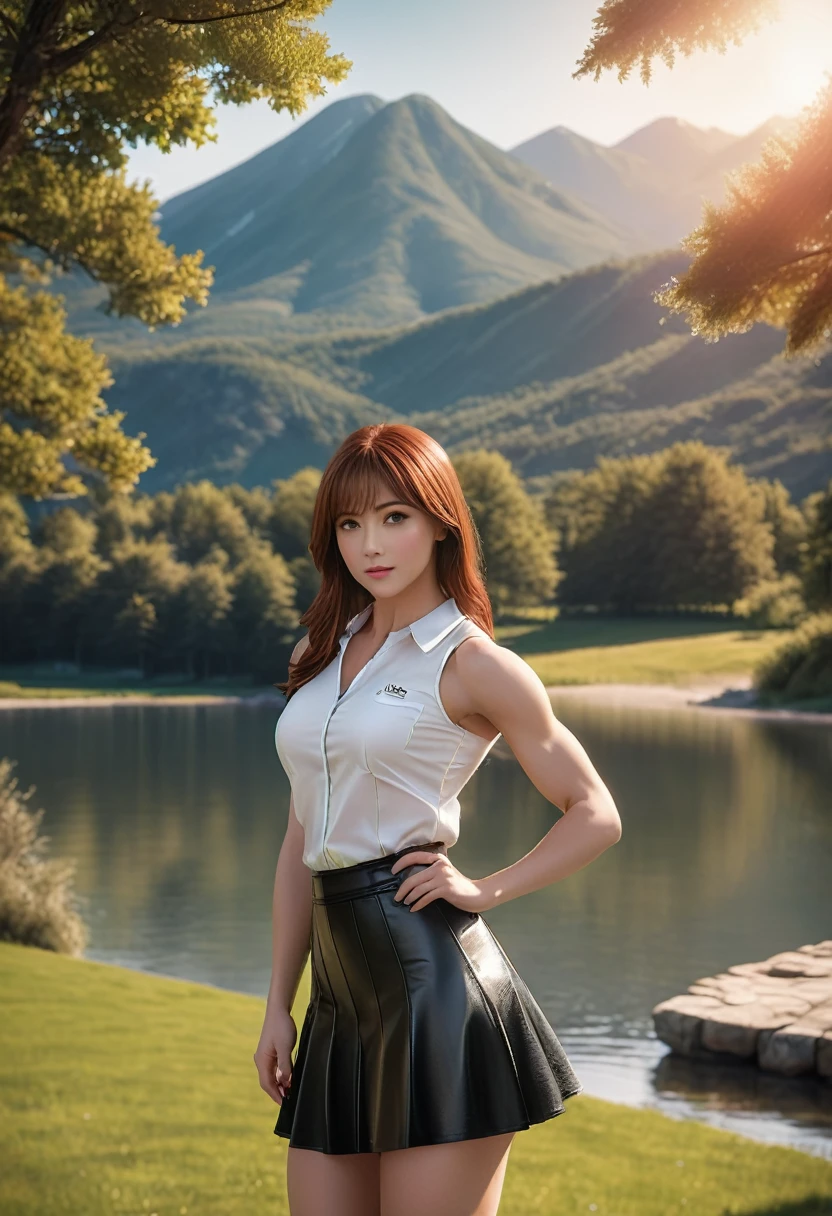 ultrarealistic, (1girl), full body pose, very muscular Karen Gillan she is standing alone near a lake in a beautiful morning (dressed in a white shirt with a leather red and black mini-skirt:1.3) (alone:1.3), (F-cup breasts:1.2) and muscular legs and (round glutes:1.2), rippling muscles, (bodybuilder physique:1.3), perfect face, uberfit, muscular, 8k uhd, dslr, sharp lighting, high quality, ultra wide shot,  film grain, Fujifilm XT3