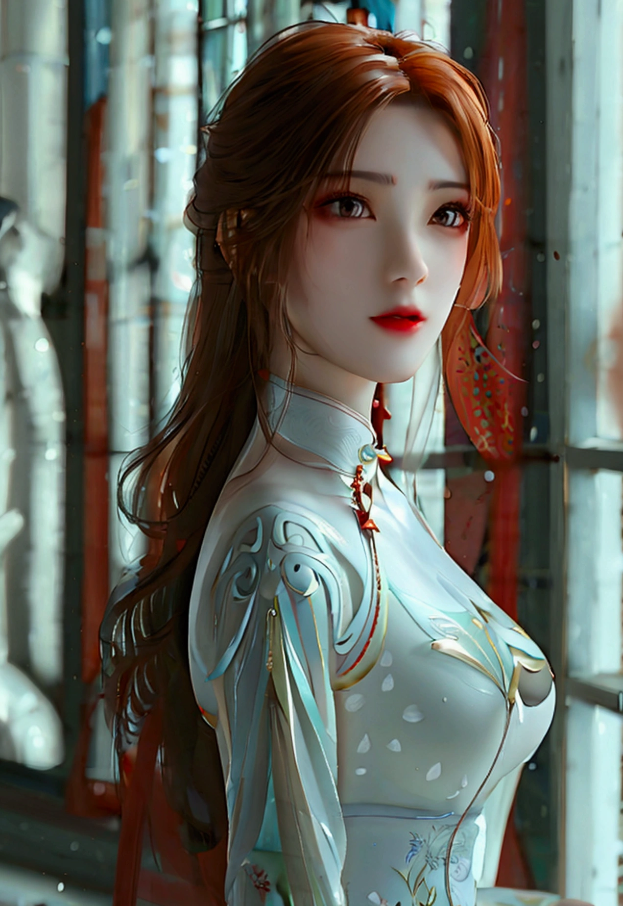 4K, UHD, Masterpiece, 1 woman, perfect body, Good page., long hairมาก, ((white skin)), red chinese dress, bare waist, Fuji Color, window, depth of field, Ray Tracing, Ultra Realistic Details, Attractive poses, She has a slim, beautiful, and delicate face.., sharp eyes, long hair, responsive face, high nose, and thin lips, Her skin was white and radiant.., She has light brown hair.., And her figure was slim and slightly muscular.