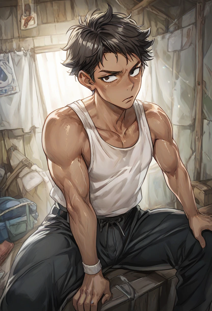 (detailed), ((best quality)), 1 chico, Young man, brown skin, black eyes, disinterested look, short hair, black color, defined male facial features, ATHLETIC AND MUSCLE BODY, dressed in a white tank top, and in black sports pants, posing seriously in the middle of a cabin, 8k, HD.