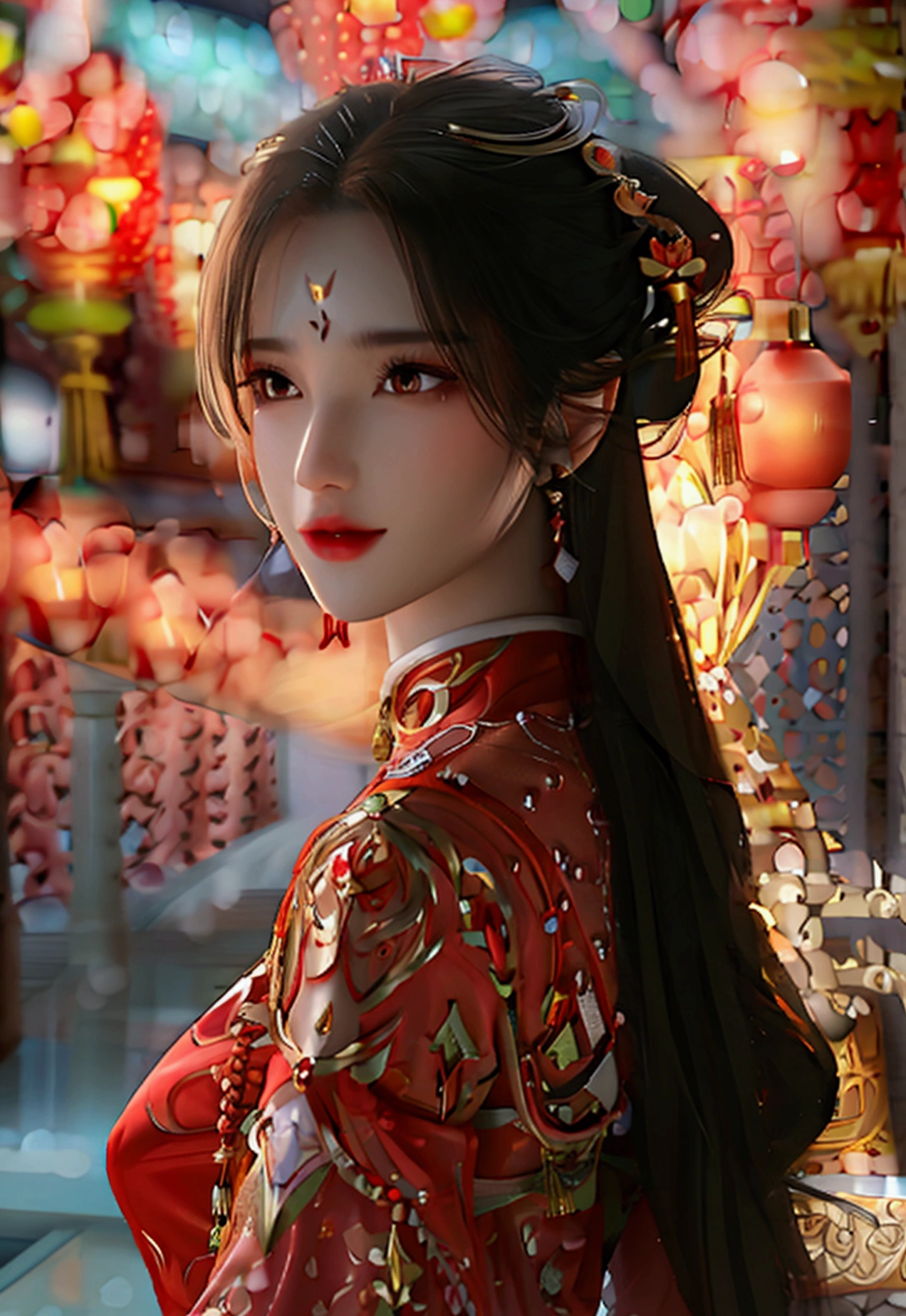 4K, UHD, Masterpiece, 1 woman, perfect body, Good page., long hairมาก, ((white skin)), red chinese dress, bare waist, Fuji Color, depth of field, Ray Tracing, Ultra Realistic Details, Attractive poses, She has a slim, beautiful, and delicate face.., sharp eyes, long hair, responsive face, high nose, and thin lips, Her skin was white and radiant.., She has light brown hair.., And her figure was slim and slightly muscular.