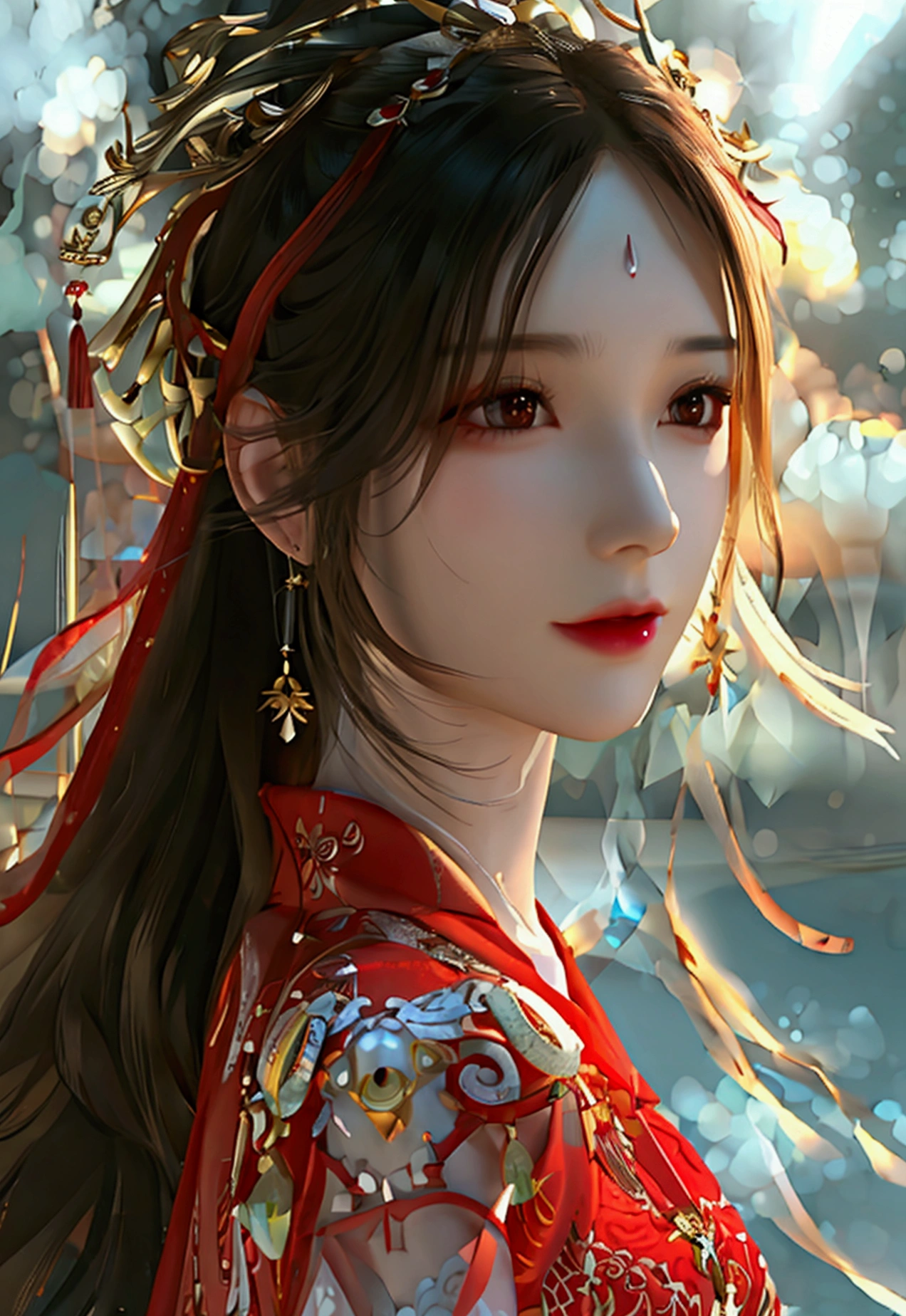 4K, UHD, Masterpiece, 1 woman, perfect body, Good page., long hairมาก, ((white skin)), red chinese dress, bare waist, Fuji Color, depth of field, Ray Tracing, Ultra Realistic Details, Attractive poses, She has a slim, beautiful, and delicate face.., sharp eyes, long hair, responsive face, high nose, and thin lips, Her skin was white and radiant.., She has light brown hair.., And her figure was slim and slightly muscular.