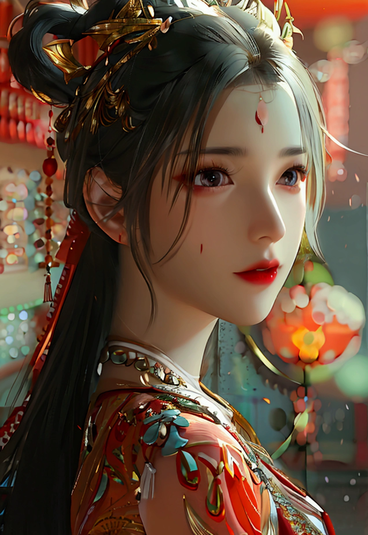 4K, Ultra HD, obra de arte, 1 mulher, corpo perfeito, Boa página., cabelo longoมาก, ((Pele branca)), vestido chinês vermelho, Cintura nua, Cor Fuji, profundidade de campo, Rastreamento de raio, detalhes ultra realistas, poses atraentes, Ela tem uma magreza, lindo, e um rosto delicado.., olhos afiados, cabelo longo, rosto responsivo, Nariz alto, e lábios finos, Sua pele era branca e radiante.., Ela tem cabelo castanho claro.., E sua figura era esbelta e ligeiramente musculosa.