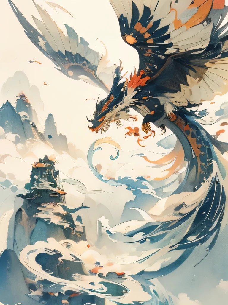 Dragon chinois aux couleurs vives en aquarelle volant au-dessus des montagnes avec un fond de ciel, Dragons, 中国encre龙启发,style aquarelle，encre，Style artistique chinois，pas d&#39;ailes，Une belle illustration artistique