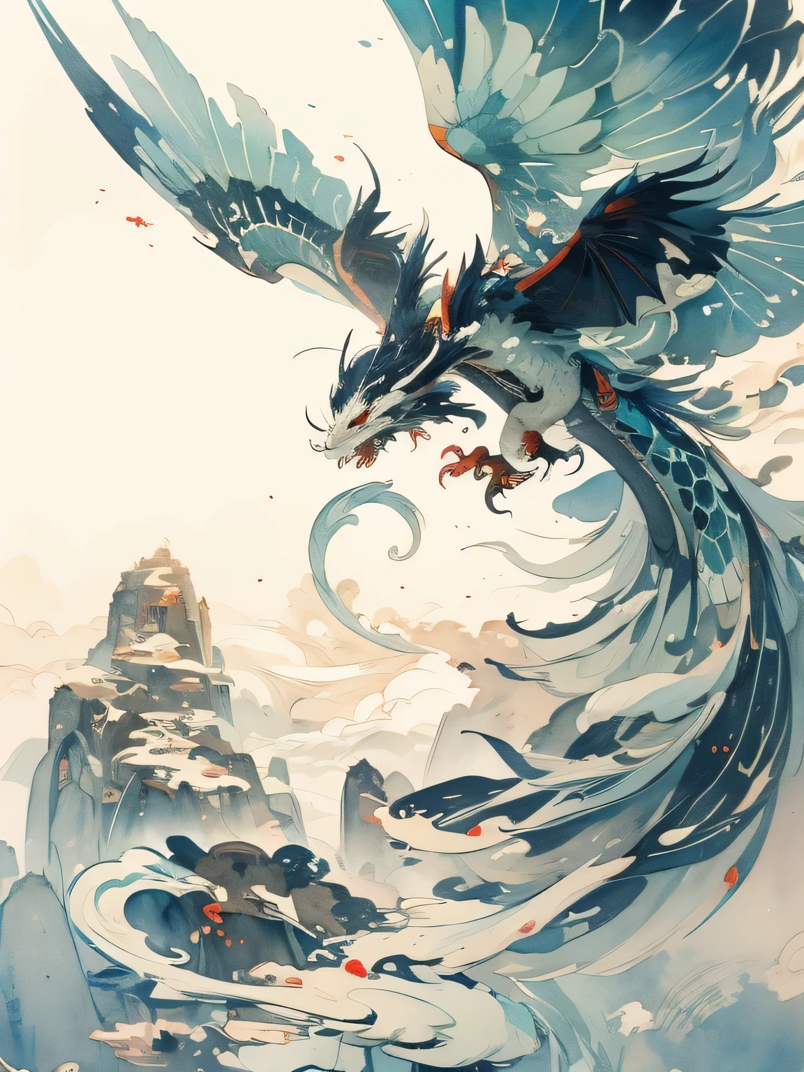 Dragon chinois aux couleurs vives en aquarelle volant au-dessus des montagnes avec un fond de ciel, Dragons, 中国encre龙启发,style aquarelle，encre，Style artistique chinois，Une belle illustration artistique