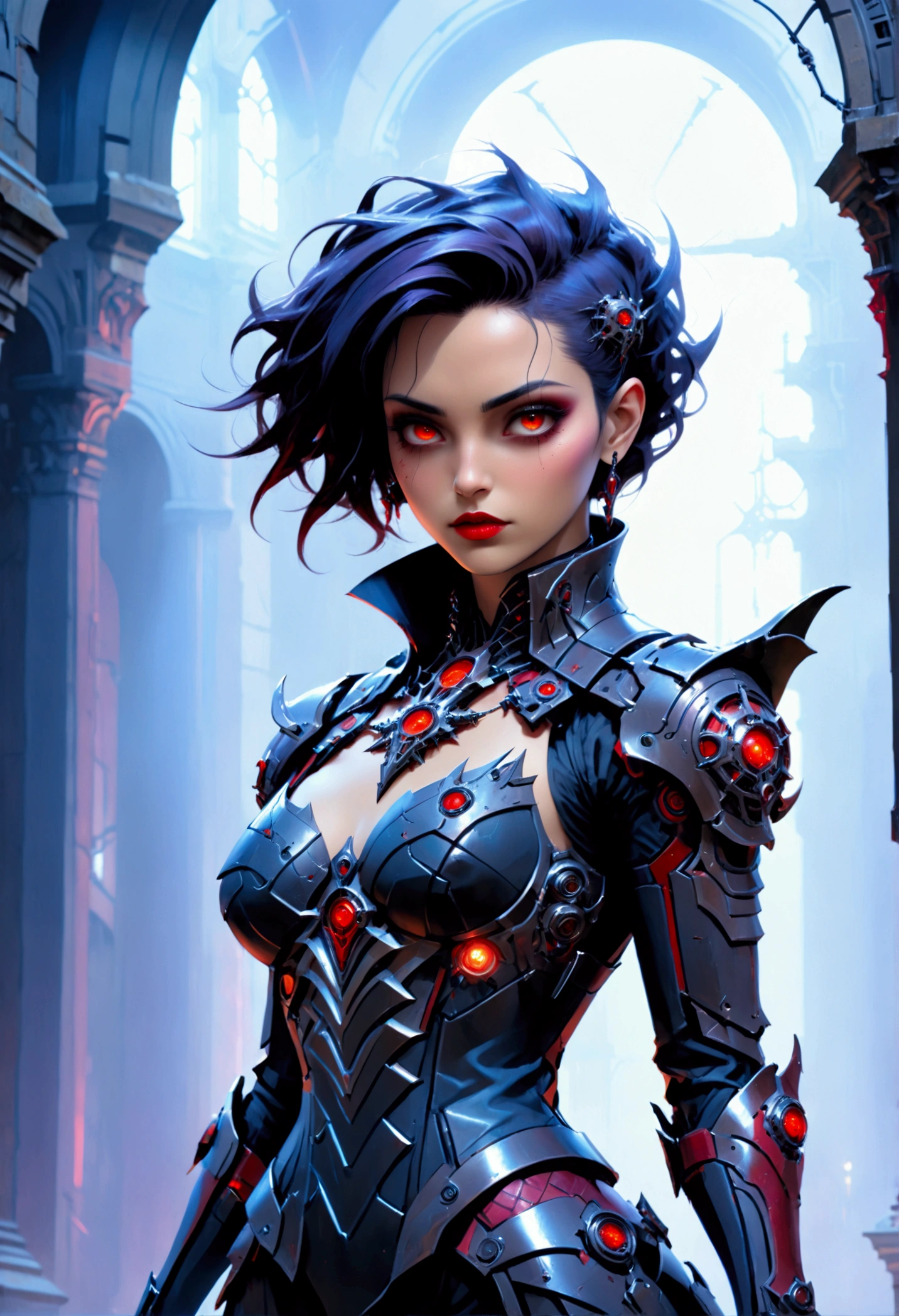 un portrait d&#39;une vampire mecha dans une église cyberpunk gothique sombre, une belle femme vampire mecha exotique et exquise, couleur de cheveux dynamique, Cheveux courts, couleur des yeux dynamique, yeux intenses,  yeux brillants, couleur des yeux dynamique, porter une armure mécanique complexe, armure mécanique délicate, veines de sang délicates dans l&#39;armure, porter des cuissardes à talons hauts, fond d&#39;église cyberpunk gothique sombre, vibrant, ultra-haute résolution, contraste élevé, (chef-d&#39;œuvre:1.5), la plus haute qualité, les meilleures esthétiques), meilleurs détails, Meilleure qualité, haute résolution, 16k, (ultra détaillé: 1.5), chef-d&#39;œuvre, Meilleure qualité, (extrêmement détaillé) BRUT, (ultra détails, chef-d&#39;œuvre, Meilleure qualité), Style de peinture d’art sombre, Page Dark Fantasy, Bloodpunkai