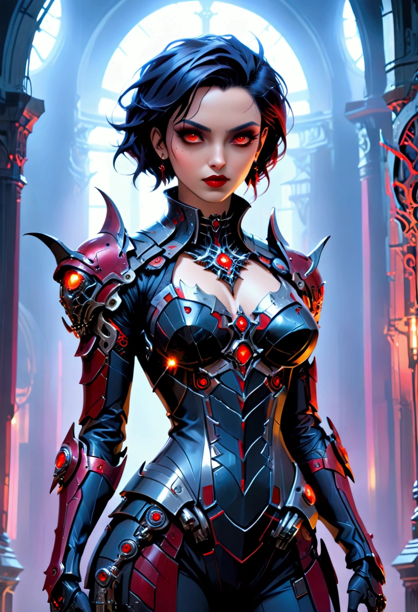 un portrait d&#39;une vampire mecha dans une église cyberpunk gothique sombre, une belle femme vampire mecha exotique et exquise, couleur de cheveux dynamique, Cheveux courts, couleur des yeux dynamique, yeux intenses,  yeux brillants, couleur des yeux dynamique, porter une armure mécanique complexe, armure mécanique délicate, veines de sang délicates dans l&#39;armure, porter des cuissardes à talons hauts, fond d&#39;église cyberpunk gothique sombre, vibrant, ultra-haute résolution, contraste élevé, (chef-d&#39;œuvre:1.5), la plus haute qualité, les meilleures esthétiques), meilleurs détails, Meilleure qualité, haute résolution, 16k, (ultra détaillé: 1.5), chef-d&#39;œuvre, Meilleure qualité, (extrêmement détaillé) BRUT, (ultra détails, chef-d&#39;œuvre, Meilleure qualité), Style de peinture d’art sombre, Page Dark Fantasy, Bloodpunkai