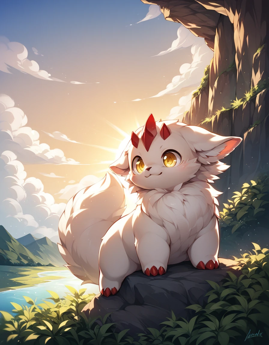 score_9, score_8_up, score_7, score_6_up, faputa,  feral, yellow eyes, (horizontal pupils), brown skin, white fur, red claws, white fluffy tail, three-quarter view, half-length portrait, full body,  BREAK, fantasy, morning, plant, sky, cloud, detailed background, foreground, depth of field, ambient silhouette, masterpiece, best quality, light, 