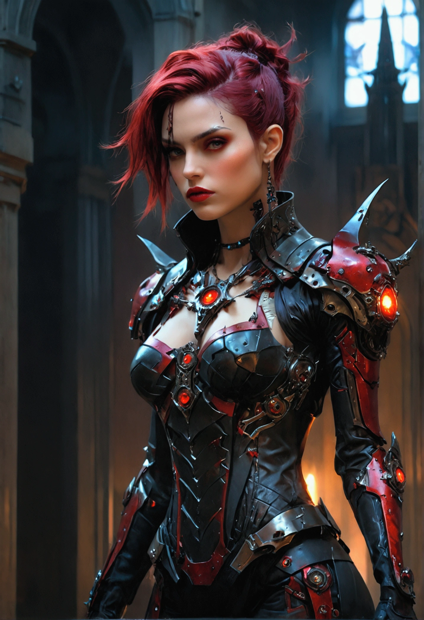 a portrait of mecha female vampire in a dark gothic cyberpunk church, an exotic exquisite beautiful mecha female vampire, dynamic hair color, short hair, dynamic eyes color, intense eyes,  glowing eyes, dynamic eyes color, wearing intricate mech armor, delicate mech armor, delicate blood veins in the armor, wearing thigh high heeled boots, dark gothic cyberpunk church background, vibrant, Ultra-high resolution, High Contrast, (masterpiece:1.5), highest quality, Best aesthetics), best details, best quality, highres, 16k, (ultra detailed: 1.5), masterpiece, best quality, (extremely detailed) RAW, (ultra details, Masterpiece, best quality), Dark Art Painting Style, Dark Fantasy page, bloodpunkai