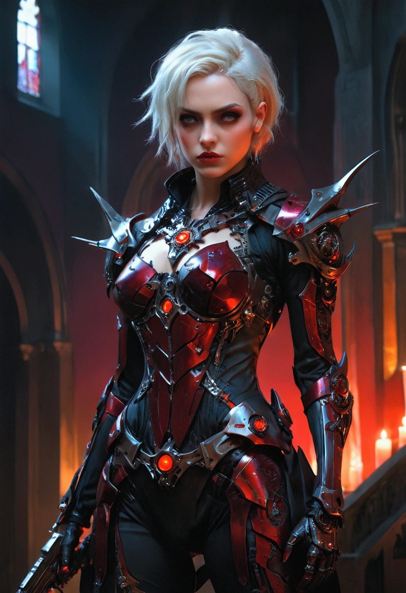 un portrait d&#39;une vampire mecha dans une église cyberpunk gothique sombre, une belle femme vampire mecha exotique et exquise, couleur de cheveux dynamique, Cheveux courts, couleur des yeux dynamique, yeux intenses,  yeux brillants, couleur des yeux dynamique, porter une armure mécanique complexe, armure mécanique délicate, veines de sang délicates dans l&#39;armure, porter des cuissardes à talons hauts, fond d&#39;église cyberpunk gothique sombre, vibrant, ultra-haute résolution, contraste élevé, (chef-d&#39;œuvre:1.5), la plus haute qualité, les meilleures esthétiques), meilleurs détails, Meilleure qualité, haute résolution, 16k, (ultra détaillé: 1.5), chef-d&#39;œuvre, Meilleure qualité, (extrêmement détaillé) BRUT, (ultra détails, chef-d&#39;œuvre, Meilleure qualité), Style de peinture d’art sombre, Page Dark Fantasy, Bloodpunkai