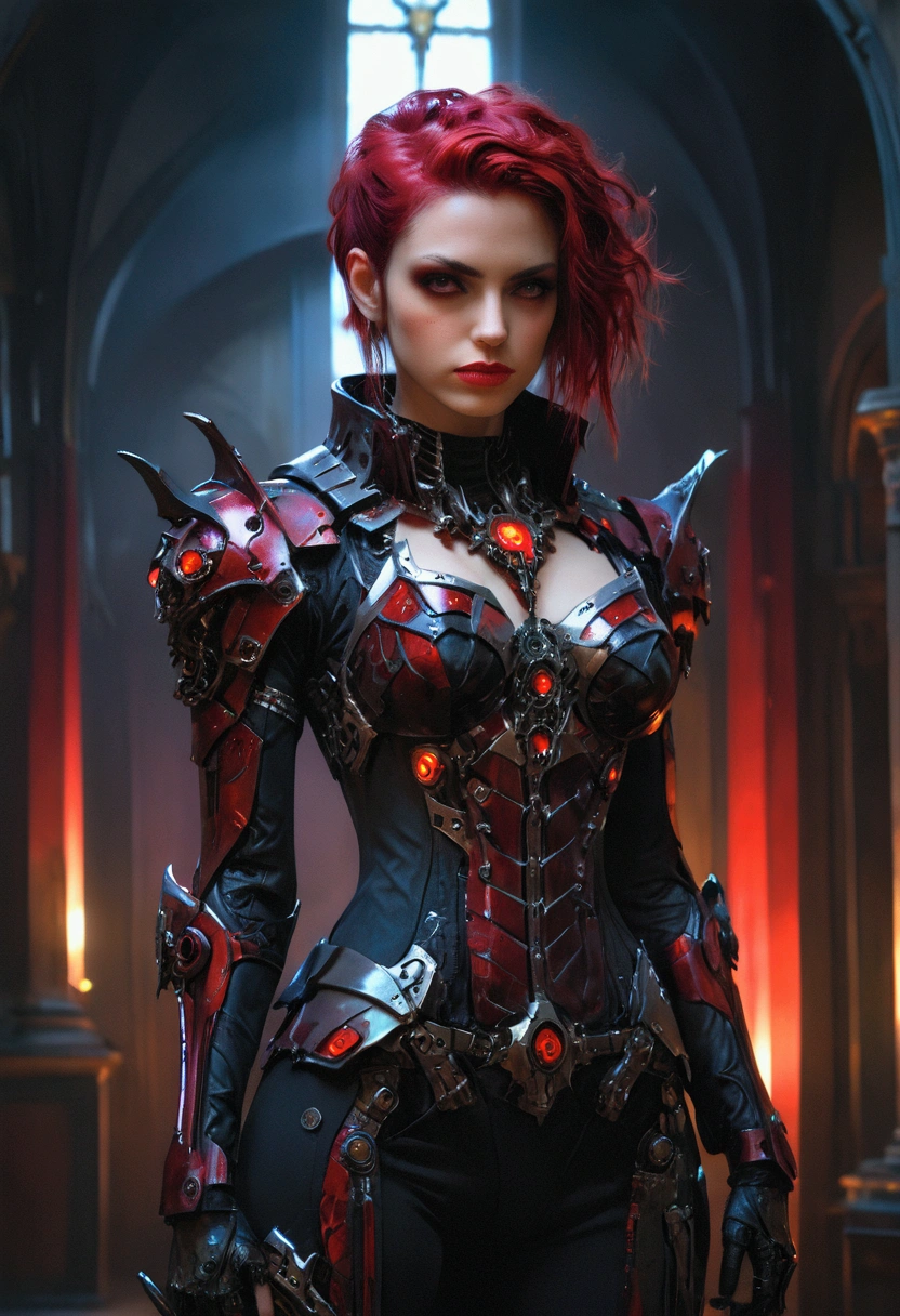 a portrait of mecha female vampire in a dark gothic cyberpunk church, an exotic exquisite beautiful mecha female vampire, dynamic hair color, short hair, dynamic eyes color, intense eyes,  glowing eyes, dynamic eyes color, wearing intricate mech armor, delicate mech armor, delicate blood veins in the armor, wearing thigh high heeled boots, dark gothic cyberpunk church background, vibrant, Ultra-high resolution, High Contrast, (masterpiece:1.5), highest quality, Best aesthetics), best details, best quality, highres, 16k, (ultra detailed: 1.5), masterpiece, best quality, (extremely detailed) RAW, (ultra details, Masterpiece, best quality), Dark Art Painting Style, Dark Fantasy page, bloodpunkai