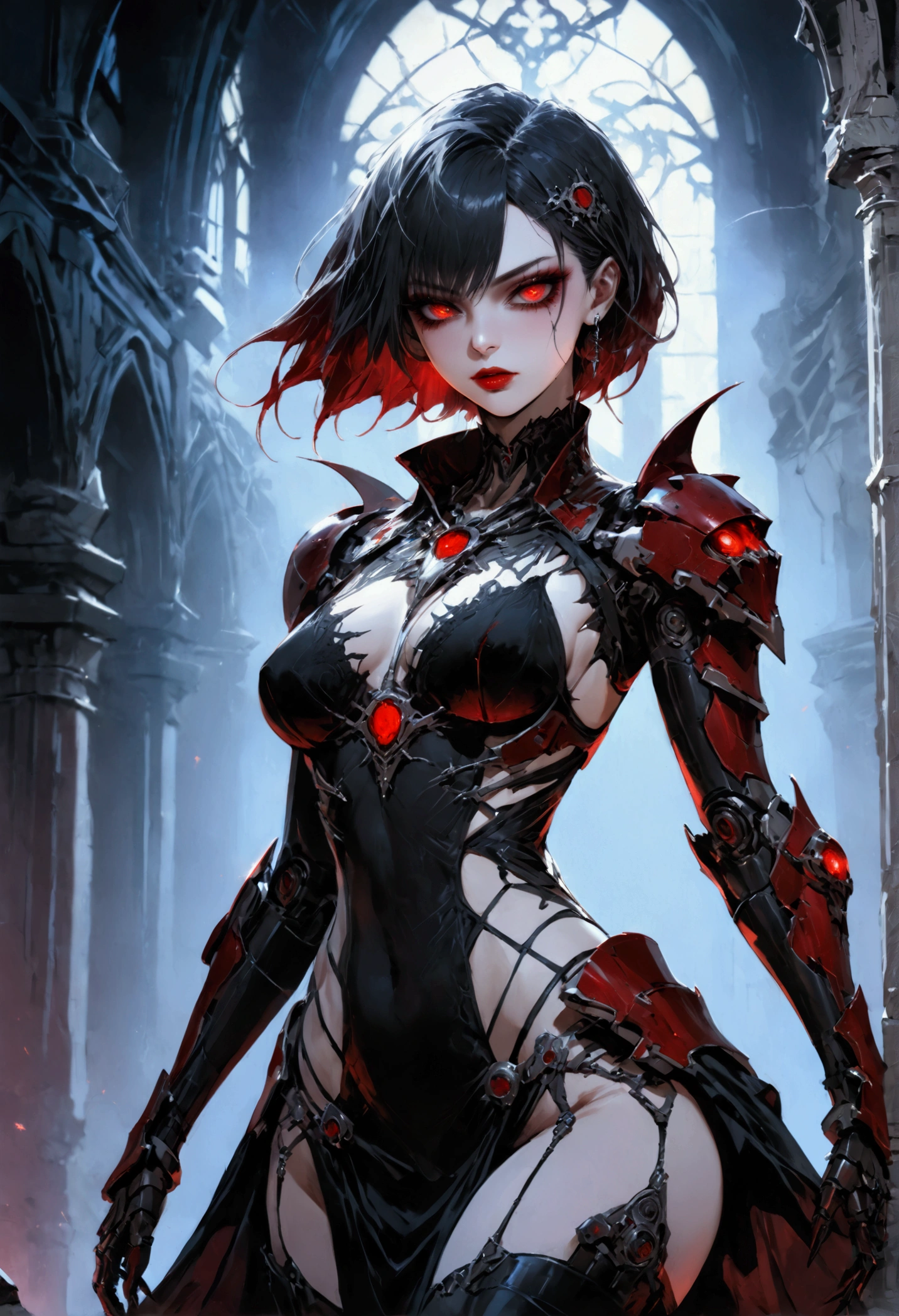 a portrait of mecha female vampire in a dark gothic cyberpunk church, an exotic exquisite beautiful mecha female vampire, dynamic hair color, short hair, dynamic eyes color, intense eyes,  glowing eyes, dynamic eyes color, wearing intricate mech armor, delicate mech armor, delicate blood veins in the armor, wearing thigh high heeled boots, dark gothic cyberpunk church background, vibrant, Ultra-high resolution, High Contrast, (masterpiece:1.5), highest quality, Best aesthetics), best details, best quality, highres, 16k, (ultra detailed: 1.5), masterpiece, best quality, (extremely detailed) RAW, (ultra details, Masterpiece, best quality), Dark Art Painting Style, Dark Fantasy page, bloodpunkai