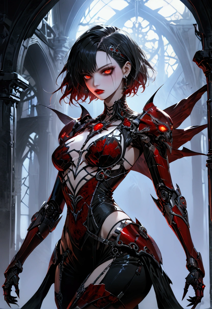 un portrait d&#39;une vampire mecha dans une église cyberpunk gothique sombre, une belle femme vampire mecha exotique et exquise, couleur de cheveux dynamique, Cheveux courts, couleur des yeux dynamique, yeux intenses,  yeux brillants, couleur des yeux dynamique, porter une armure mécanique complexe, armure mécanique délicate, veines de sang délicates dans l&#39;armure, porter des cuissardes à talons hauts, fond d&#39;église cyberpunk gothique sombre, vibrant, ultra-haute résolution, contraste élevé, (chef-d&#39;œuvre:1.5), la plus haute qualité, les meilleures esthétiques), meilleurs détails, Meilleure qualité, haute résolution, 16k, (ultra détaillé: 1.5), chef-d&#39;œuvre, Meilleure qualité, (extrêmement détaillé) BRUT, (ultra détails, chef-d&#39;œuvre, Meilleure qualité), Style de peinture d’art sombre, Page Dark Fantasy, Bloodpunkai