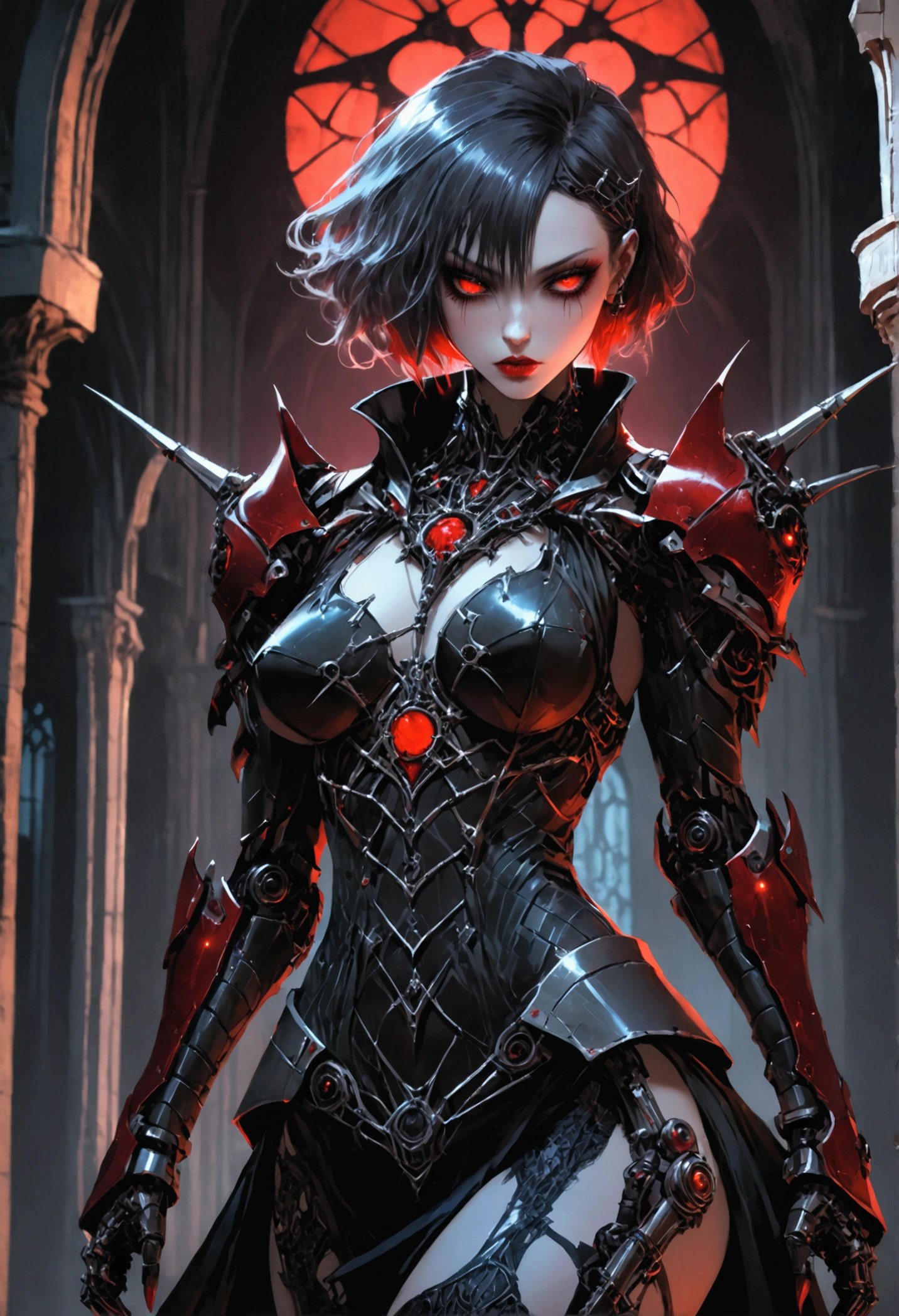 a portrait of mecha female vampire in a dark gothic cyberpunk church, an exotic exquisite beautiful mecha female vampire, dynamic hair color, short hair, dynamic eyes color, intense eyes,  glowing eyes, dynamic eyes color, wearing intricate mech armor, delicate mech armor, delicate blood veins in the armor, wearing thigh high heeled boots, dark gothic cyberpunk church background, vibrant, Ultra-high resolution, High Contrast, (masterpiece:1.5), highest quality, Best aesthetics), best details, best quality, highres, 16k, (ultra detailed: 1.5), masterpiece, best quality, (extremely detailed) RAW, (ultra details, Masterpiece, best quality), Dark Art Painting Style, Dark Fantasy page, bloodpunkai