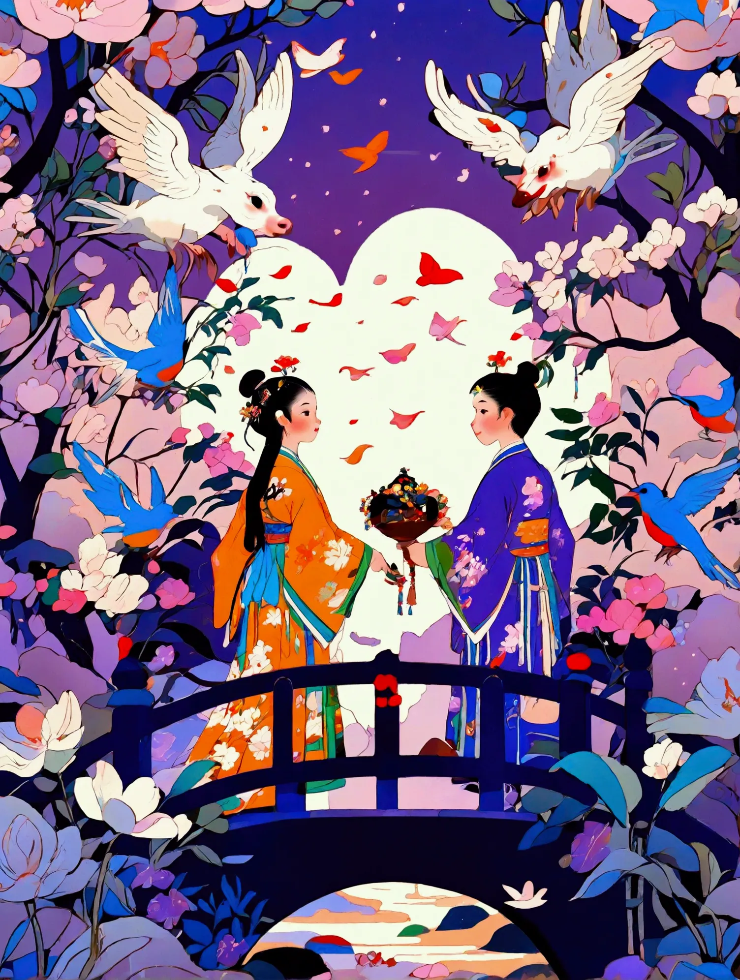 (((8k，bright colors，bright，ultra high saturation，rgb, colorful))), chinese style，(boy and girl in love:1.5)，(flat poster design)...