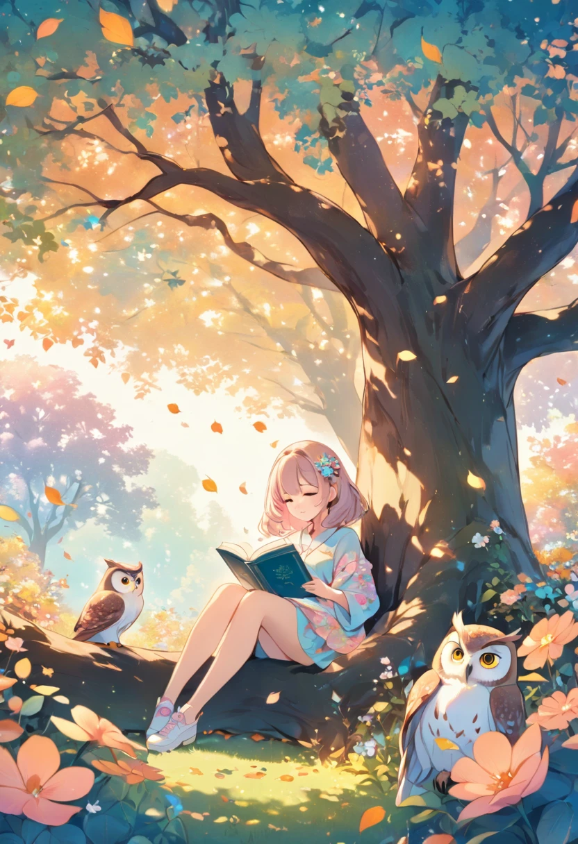 
 1 Girl,solo, reading a book under a tree with an owl sitting next to her, surrounded by flowers and falling leaves, pastel style