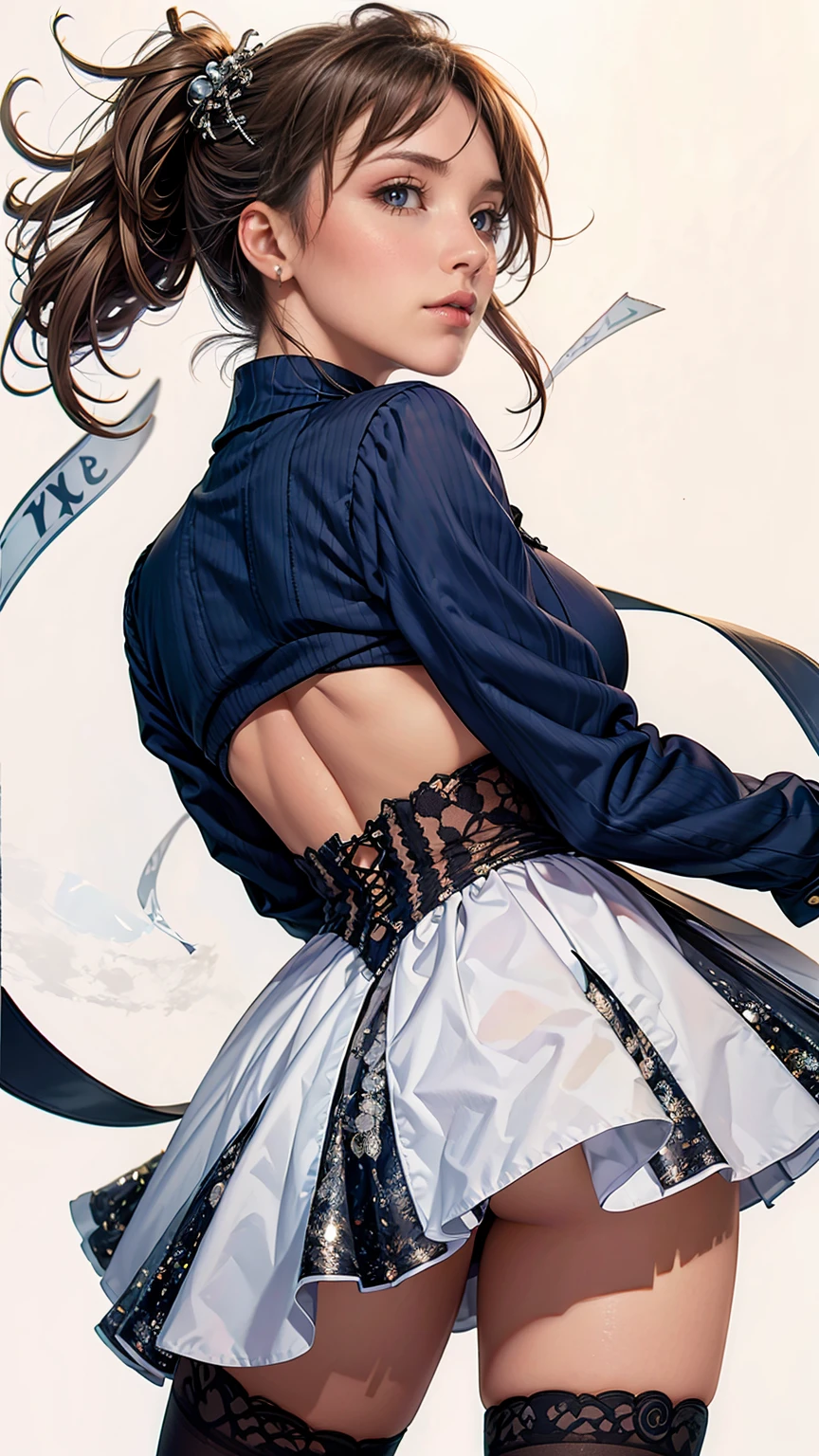 (（（Perfect body,White and tender skin,（（（blue sweater，cropped jacket，grey dress，high-waist skirt，）））,（（（Kobeni Higashiyama, black hair, hair ornament, hairclip,  ponytail, short hair, (brown eyes:1.5),）））,((masterpiece)),highres,((Best quality at best)),masterpiece,quality,Best quality,(（（ Exquisite facial features,Looking at the audience,There is light in the eyes,(（（frown，Wronged））），Look up）））,（（（Light and shadow,Huge breasts,）））,（（（View from behind ,White background)））)