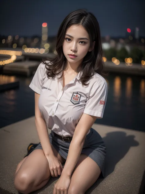 1girl, (uniform), sits with her legs pressed to her chest, detailed night view ofmetropolitan city at the background, detailed f...