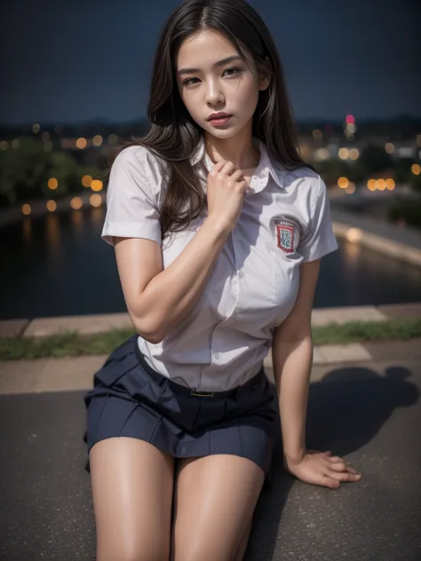 1girl, (uniform), sits with her legs pressed to her chest, detailed night view ofmetropolitan city at the background, detailed f...