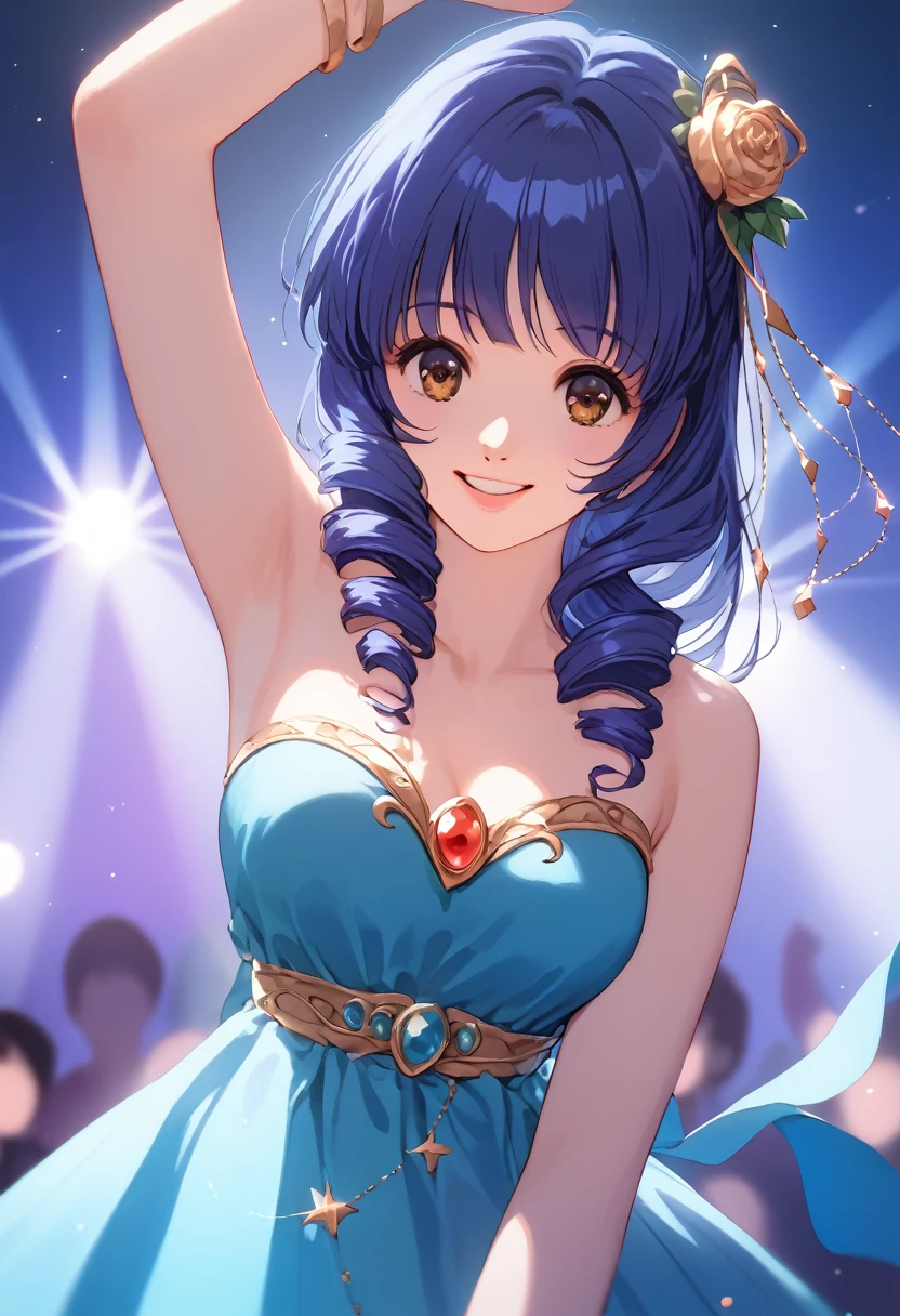 score_9,score_8_up,score_7_up,masterpiece,best quality, source anime, realistic, super detailed, extreme detailed, rating_safe,
1girl, solo, Lynn Minmay, 22yo, long hair, blue hair, drill hair, brown eyes, 
shiny hair, beautiful detailed eyes, beautiful face, 
sexy idol costume, tight mini skirt, 
singing, smile, arm up, Hand Microphone, upper body, (from front), 
idol stage, cool lighting, lighting like a movie, audience,