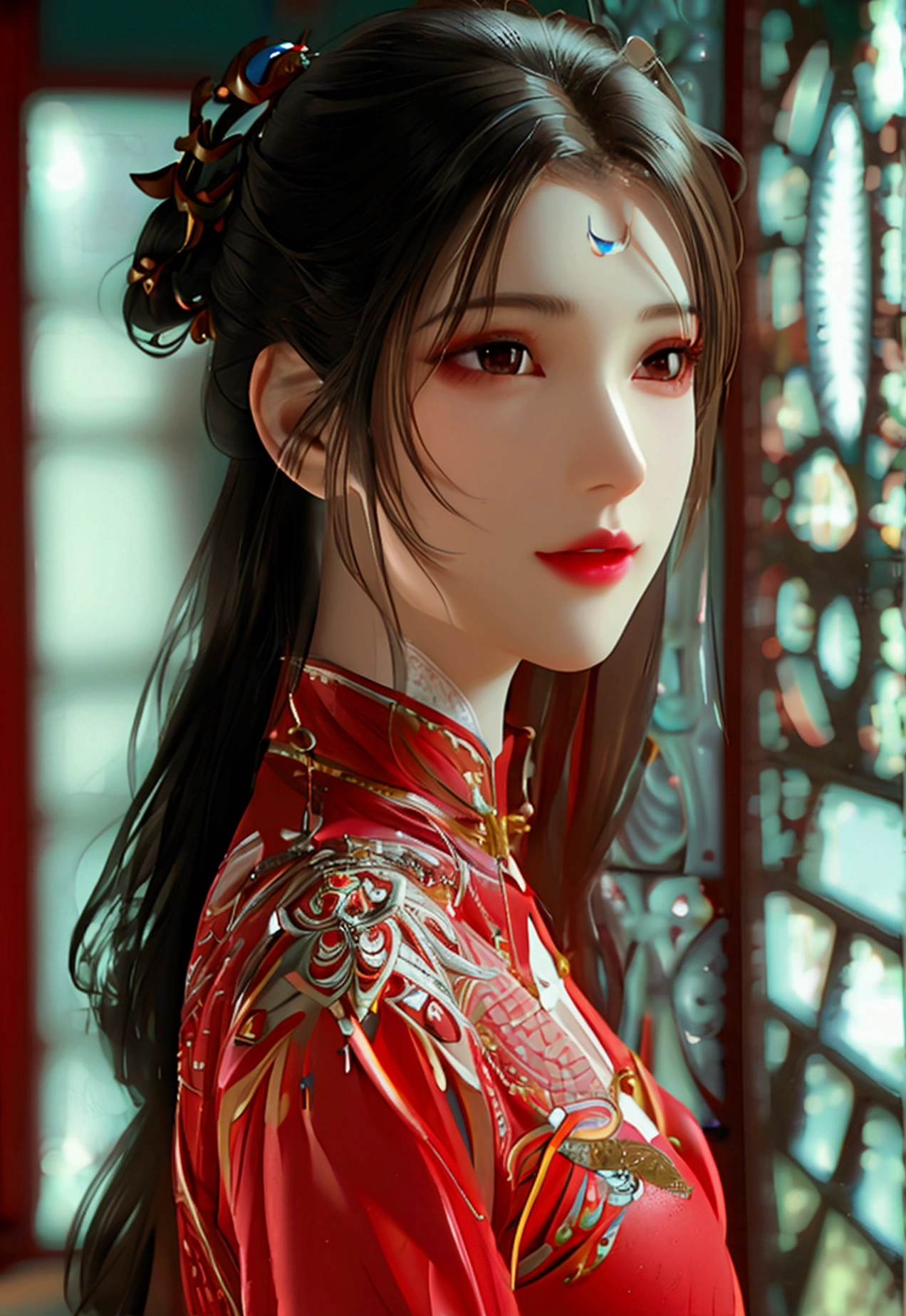 4K, UHD, Masterpiece, 1 woman, perfect body, Good page., long hairมาก, ((white skin)), red chinese dress, bare waist, Fuji Color, depth of field, Ray Tracing, Ultra Realistic Details, Attractive poses, She has a slim, beautiful, and delicate face.., sharp eyes, long hair, responsive face, high nose, and thin lips, Her skin was white and radiant.., She has light brown hair.., And her figure was slim and slightly muscular.