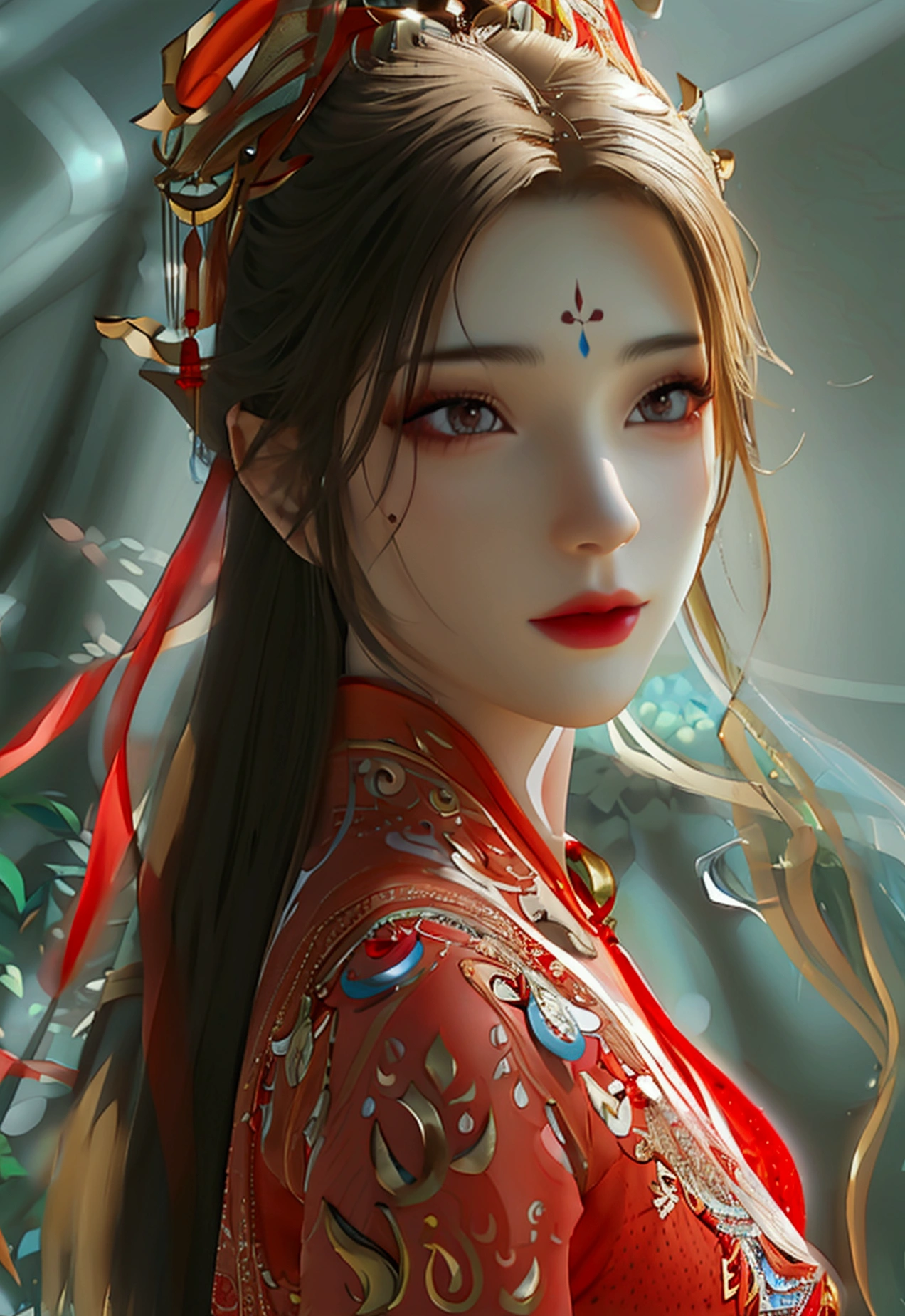 4K, Ultra HD, obra de arte, 1 mulher, corpo perfeito, Boa página., cabelo longoมาก, ((Pele branca)), vestido chinês vermelho, Cintura nua, Cor Fuji, profundidade de campo, Rastreamento de raio, detalhes ultra realistas, poses atraentes, Ela tem uma magreza, lindo, e um rosto delicado.., olhos afiados, cabelo longo, rosto responsivo, Nariz alto, e lábios finos, Sua pele era branca e radiante.., Ela tem cabelo castanho claro.., E sua figura era esbelta e ligeiramente musculosa.