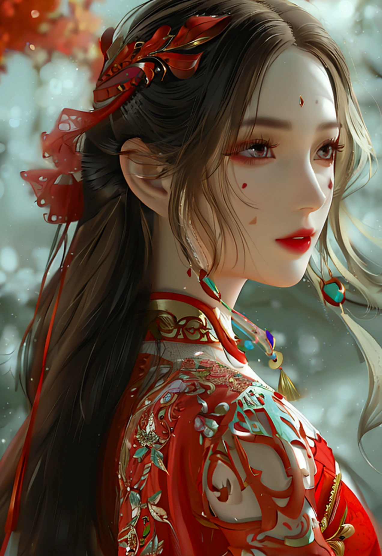 4K, Ultra HD, obra de arte, 1 mulher, corpo perfeito, Boa página., cabelo longoมาก, ((Pele branca)), vestido chinês vermelho, Cintura nua, Cor Fuji, profundidade de campo, Rastreamento de raio, detalhes ultra realistas, poses atraentes, Ela tem uma magreza, lindo, e um rosto delicado.., olhos afiados, cabelo longo, rosto responsivo, Nariz alto, e lábios finos, Sua pele era branca e radiante.., Ela tem cabelo castanho claro.., E sua figura era esbelta e ligeiramente musculosa.