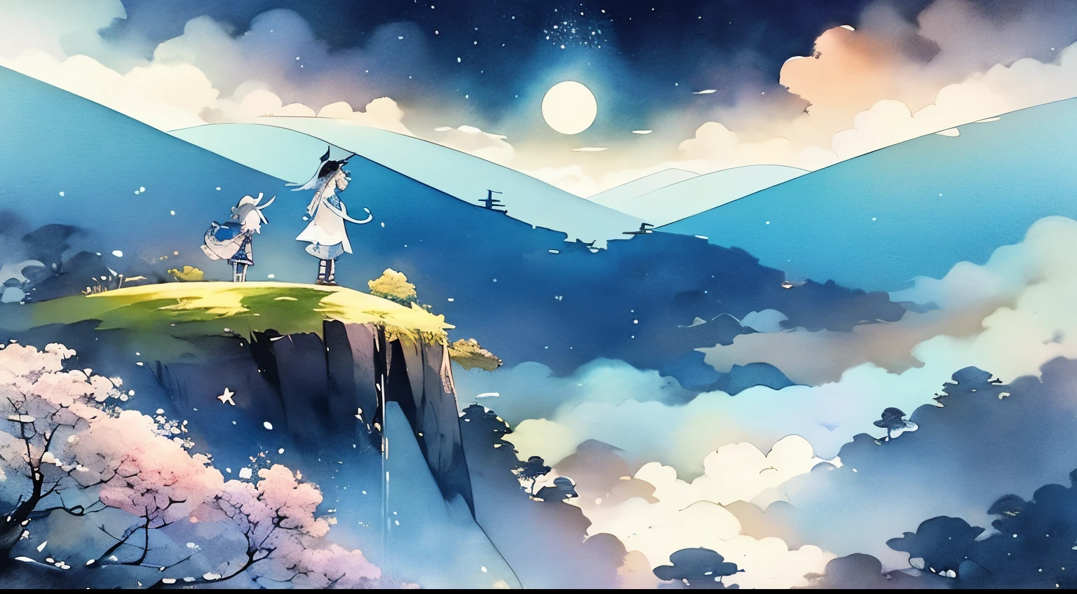 Above the Clouds、sleep、Calm、Sleep、Watercolor、landscape、background、Fantasy、night、Fantasy、Dream Painting、Highest quality、アニメのbackground、masterpiece、Very detailed、Great art、Atmospheric anime、Starry Sky、Detail enhancements、Fantasylandscape画、Fantasyナイト、A moment of bliss