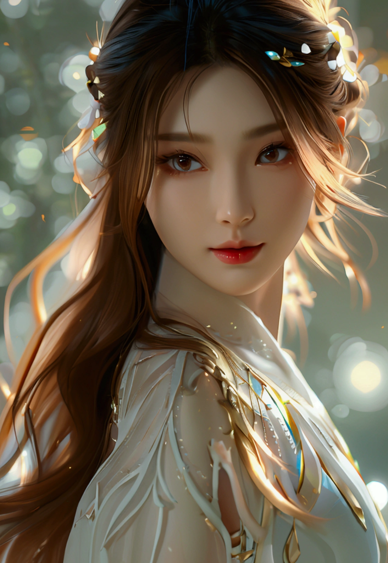 4K, UHD, Masterpiece, 1 woman, perfect body, Good page., long hairมาก, ((white skin)), red chinese dress, bare waist, Fuji Color, depth of field, Ray Tracing, Ultra Realistic Details, Attractive poses, She has a slim, beautiful, and delicate face.., sharp eyes, long hair, responsive face, high nose, and thin lips, Her skin was white and radiant.., She has light brown hair.., And her figure was slim and slightly muscular.