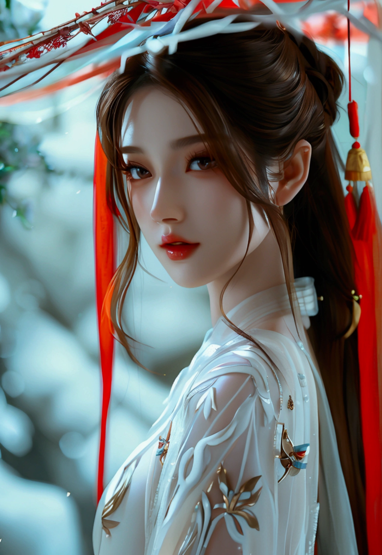 4K, Ultra HD, obra de arte, 1 mulher, corpo perfeito, Boa página., cabelo longoมาก, ((Pele branca)), vestido chinês vermelho, Cintura nua, Cor Fuji, profundidade de campo, Rastreamento de raio, detalhes ultra realistas, poses atraentes, Ela tem uma magreza, lindo, e um rosto delicado.., olhos afiados, cabelo longo, rosto responsivo, Nariz alto, e lábios finos, Sua pele era branca e radiante.., Ela tem cabelo castanho claro.., E sua figura era esbelta e ligeiramente musculosa.