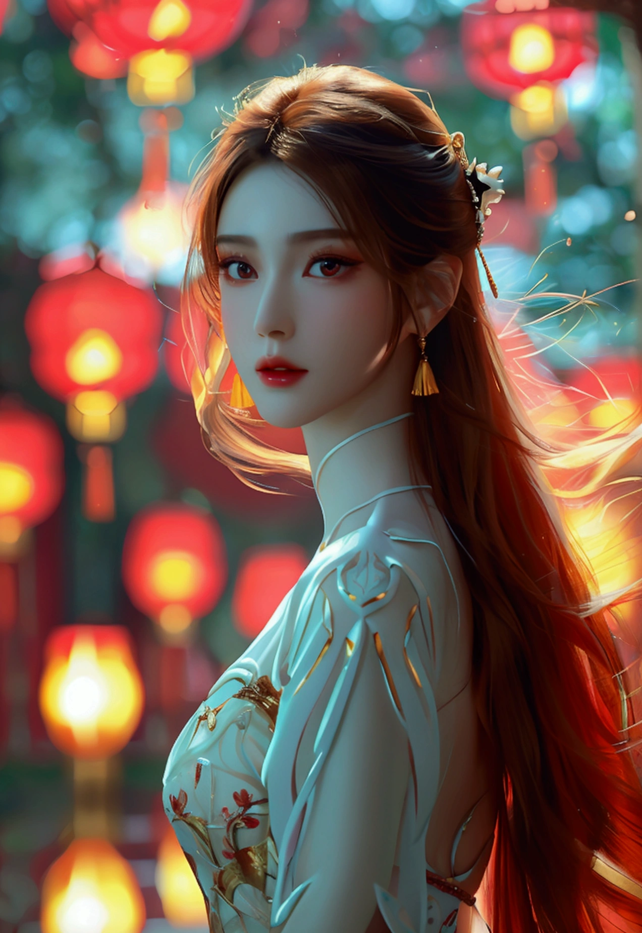 4K, UHD, Masterpiece, 1 woman, perfect body, Good page., long hairมาก, ((white skin)), red chinese dress, bare waist, Fuji Color, depth of field, Ray Tracing, Ultra Realistic Details, Attractive poses, She has a slim, beautiful, and delicate face.., sharp eyes, long hair, responsive face, high nose, and thin lips, Her skin was white and radiant.., She has light brown hair.., And her figure was slim and slightly muscular.