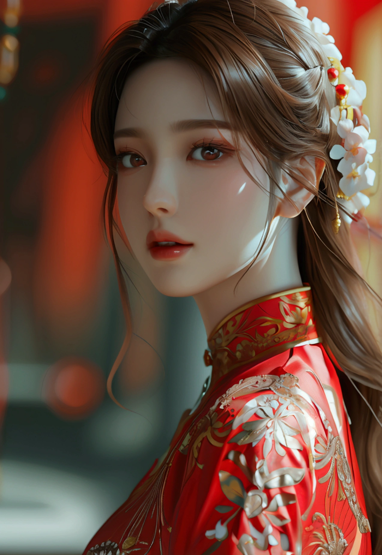 4K, Ultra HD, obra de arte, 1 mulher, corpo perfeito, Boa página., cabelo longoมาก, ((Pele branca)), vestido chinês vermelho, Cintura nua, Cor Fuji, profundidade de campo, Rastreamento de raio, detalhes ultra realistas, poses atraentes, Ela tem uma magreza, lindo, e um rosto delicado.., olhos afiados, cabelo longo, rosto responsivo, Nariz alto, e lábios finos, Sua pele era branca e radiante.., Ela tem cabelo castanho claro.., E sua figura era esbelta e ligeiramente musculosa.