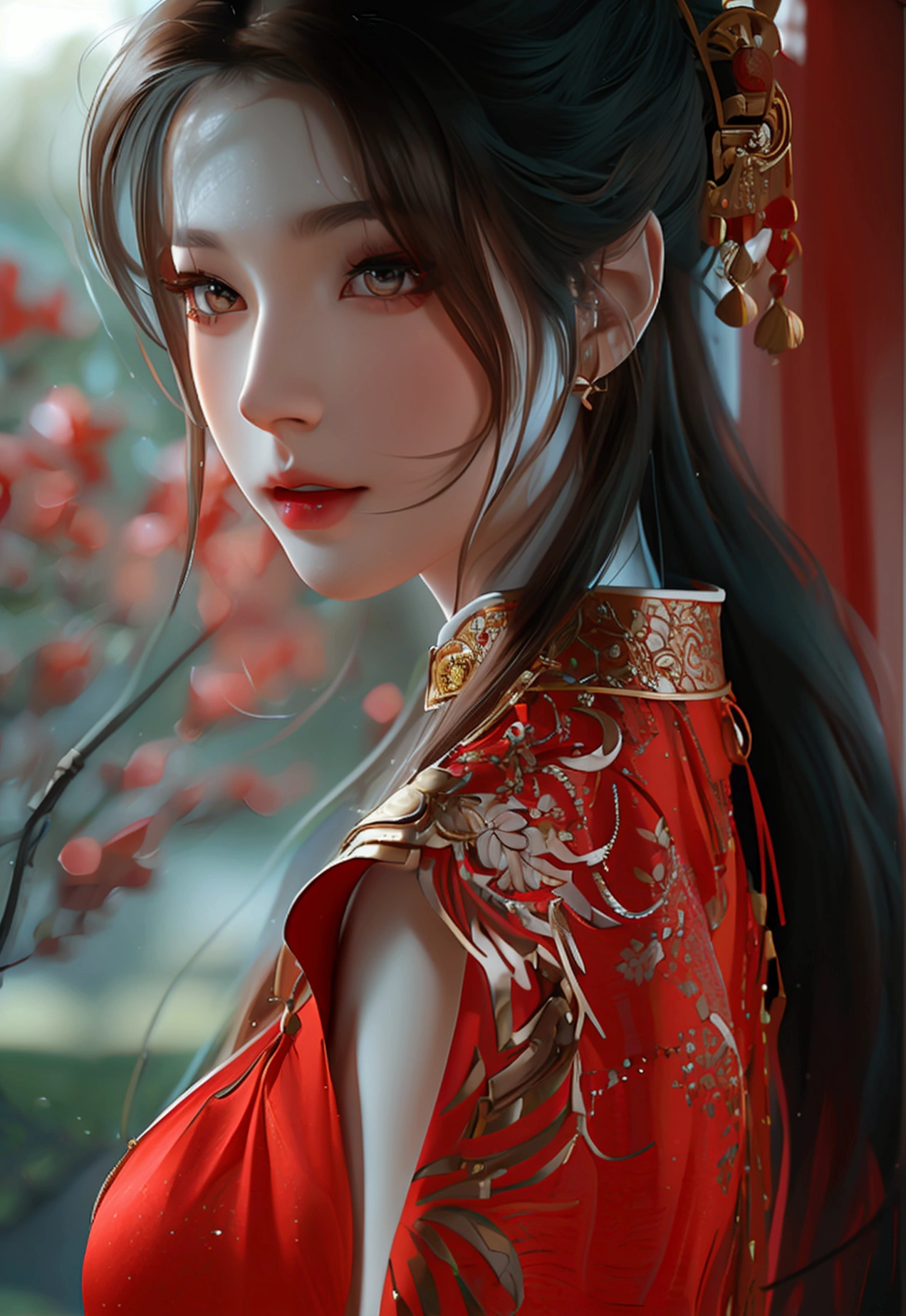 4K, UHD, Masterpiece, 1 woman, perfect body, Good page., long hairมาก, ((white skin)), red chinese dress, bare waist, Fuji Color, depth of field, Ray Tracing, Ultra Realistic Details, Attractive poses, She has a slim, beautiful, and delicate face.., sharp eyes, long hair, responsive face, high nose, and thin lips, Her skin was white and radiant.., She has light brown hair.., And her figure was slim and slightly muscular.