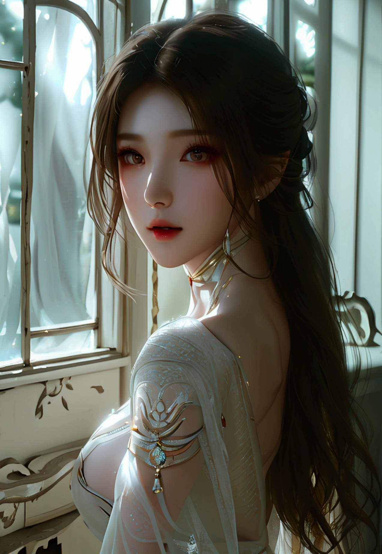 4K, UHD, Masterpiece, 1 woman, perfect body, Good page., long hairมาก, ((white skin)), Korean dress, bare waist, Fuji Color, window, depth of field, Ray Tracing, Ultra Realistic Details, Attractive poses,She has a slim, beautiful, and delicate face.., sharp eyes, long hair, responsive face, high nose, and thin lips, Her skin was white and radiant.., She has light brown hair.., And her figure was slim and slightly muscular., detailed clothing Fine texture glowing sunlight Tyndall effect High contrast between light and dark, professional, very special details. Physical rendering, bright colors, studio lighting