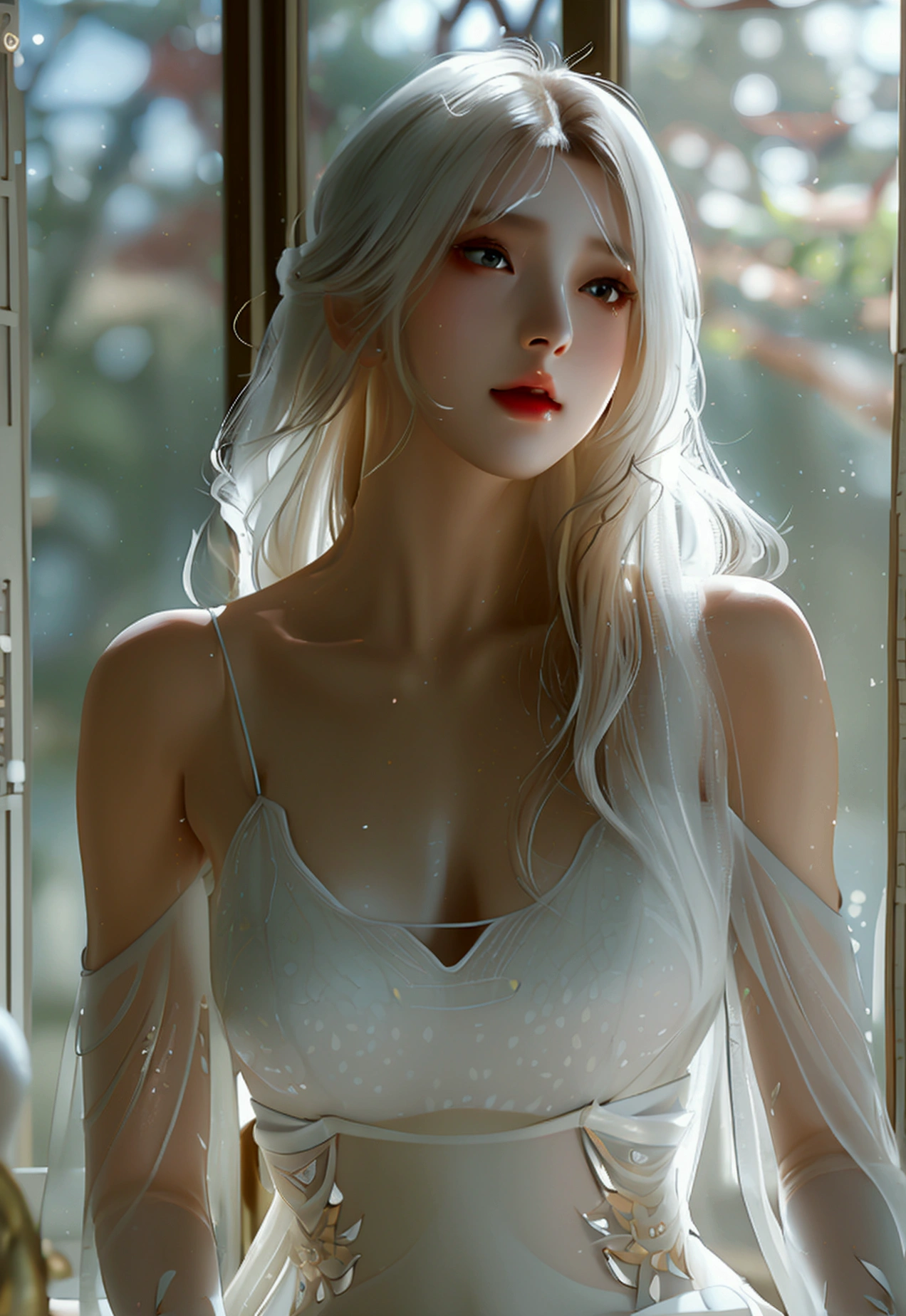 4K, UHD, Masterpiece, 1 woman, perfect body, Good page., long hairมาก, ((white skin)), Korean dress, bare waist, Fuji Color, window, depth of field, Ray Tracing, Ultra Realistic Details, Attractive poses,She has a slim, beautiful, and delicate face.., sharp eyes, long hair, responsive face, high nose, and thin lips, Her skin was white and radiant.., She has light brown hair.., And her figure was slim and slightly muscular., detailed clothing Fine texture glowing sunlight Tyndall effect High contrast between light and dark, professional, very special details. Physical rendering, bright colors, studio lighting