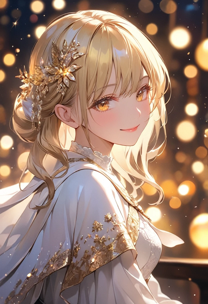 (master piece),(4k),high quality,(small breasts),1girl,long blonde hair,pale skin,smile,beautiful detailed gold eyes, (Highly detailed elegant),(white capelet fashion), Magical colors and atmosphere, Detailed skin,(cute sparkle), light particles,The background is soft and blurry,Add a dramatic and symbolic element to your scene, Depth of written boundary, Bokeh, Silky to the touch, Hyper Detail,sitting,create an ethereal atmosphere like a dream