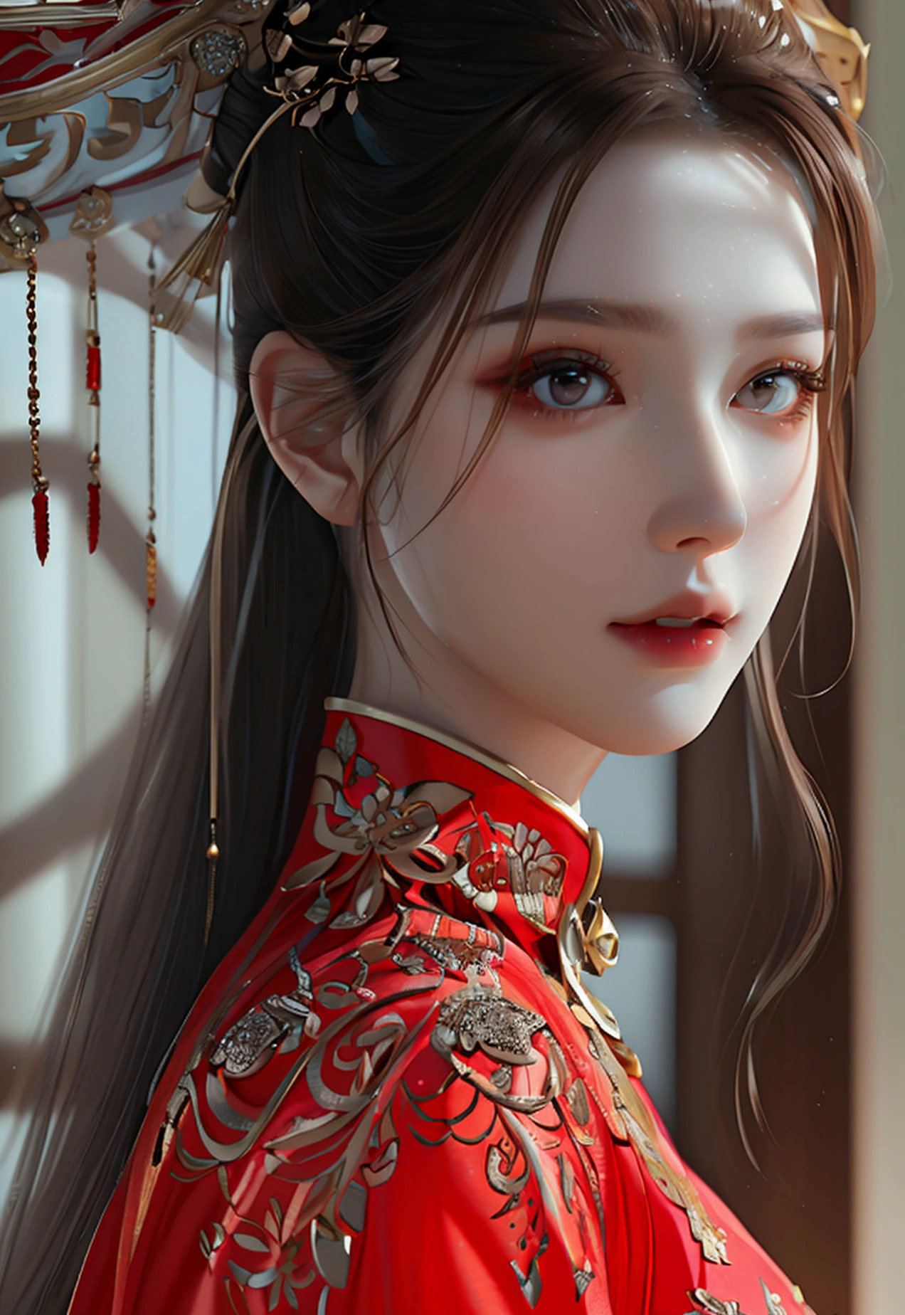 4K, UHD, Masterpiece, 1 woman, perfect body, Good page., long hairมาก, ((white skin)), red chinese dress, bare waist, depth of field, Ray Tracing, Ultra Realistic Details, Attractive poses,She has a slim, beautiful, and delicate face.., sharp eyes, long hair, responsive face, high nose, and thin lips, Her skin was white and radiant.., She has light brown hair.., And her figure was slim and slightly muscular., detailed clothing Fine texture glowing sunlight Tyndall effect High contrast between light and dark, professional, very special details. Physical rendering, bright colors, studio lighting