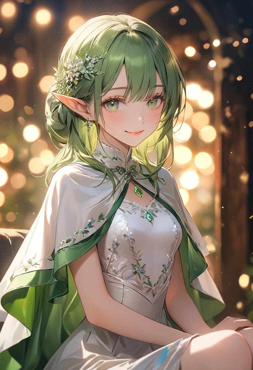 (master piece),(4k),high quality,(small breasts),1girl,elf,long green hair,pale skin,smile,beautiful detailed green eyes, (Highly detailed elegant),(white and green capelet fashion), Magical colors and atmosphere, Detailed skin,The background is soft and blurry,Add a dramatic and symbolic element to your scene, Depth of written boundary, Bokeh, Silky to the touch, Hyper Detail,sitting,create an ethereal atmosphere like a dream