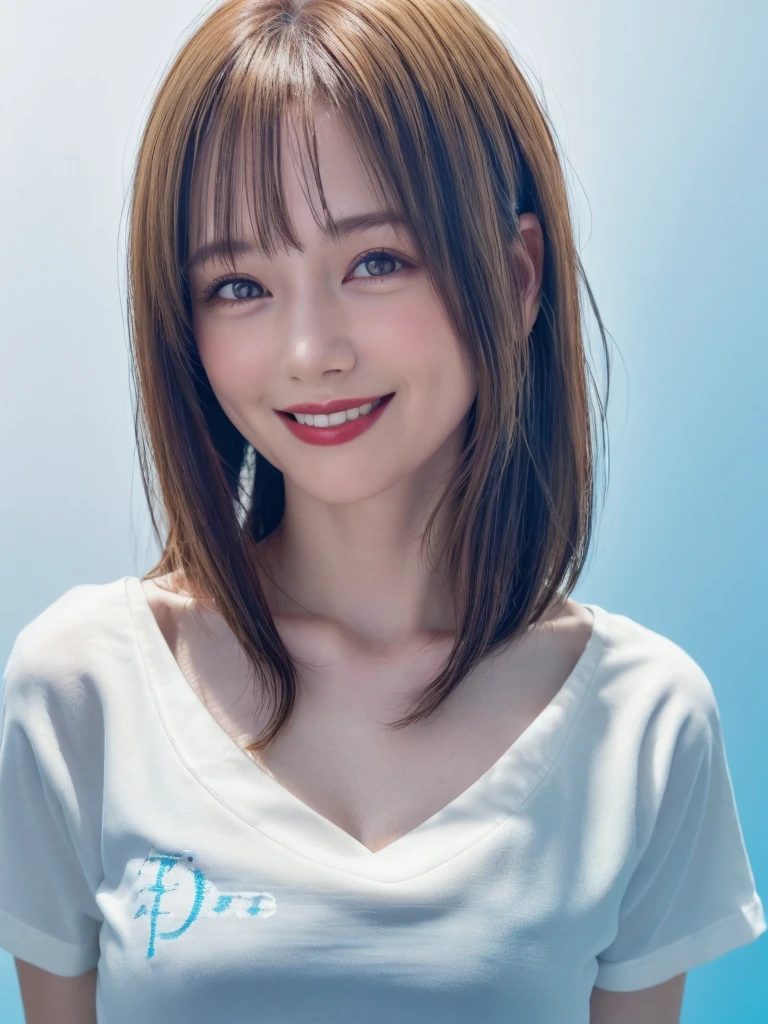 (Highest quality、8k、32K、masterpiece)、(RAW Photos)、(Realisticな)、(High resolution)、Very detailedな、Very beautiful face and eyes、One Girl、Round and small face、Delicate body、(Highest quality、Rich skin detail、Highest quality、8k)、Very detailed、(Realistic、Realistic:1.37)、Vibrant colors、(((Laughter)))、(((blonde)))、(((Put your bangs up)))、(((smile)))、(((Cowboy Shot)))、(((Frame In)))、(((White Background)))、((Medium Hair))、(((Pure white wall background)))、(((blonde)))、(((Wearing a T-shirt with a pop design)))、(((Brown and light blue T-shirt)))、(((Pure white wall background)))、