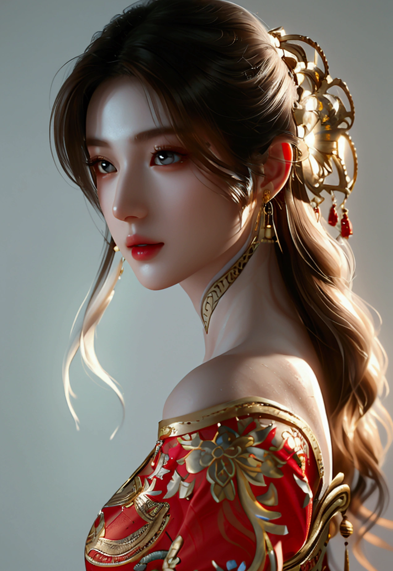 4K, UHD, Masterpiece, 1 woman, perfect body, Good page., long hairมาก, ((white skin)), red chinese dress, bare waist, depth of field, Ray Tracing, Ultra Realistic Details, Attractive poses,She has a slim, beautiful, and delicate face.., sharp eyes, long hair, responsive face, high nose, and thin lips, Her skin was white and radiant.., She has light brown hair.., And her figure was slim and slightly muscular., detailed clothing Fine texture glowing sunlight Tyndall effect High contrast between light and dark, professional, very special details. Physical rendering, bright colors, studio lighting