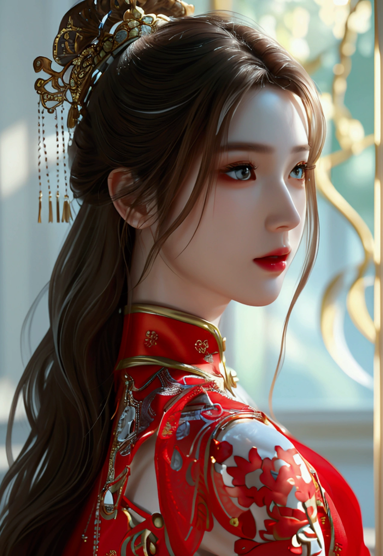 4K, UHD, Masterpiece, 1 woman, perfect body, Good page., long hairมาก, ((white skin)), red chinese dress, bare waist, depth of field, Ray Tracing, Ultra Realistic Details, Attractive poses,She has a slim, beautiful, and delicate face.., sharp eyes, long hair, responsive face, high nose, and thin lips, Her skin was white and radiant.., She has light brown hair.., And her figure was slim and slightly muscular., detailed clothing Fine texture glowing sunlight Tyndall effect High contrast between light and dark, professional, very special details. Physical rendering, bright colors, studio lighting