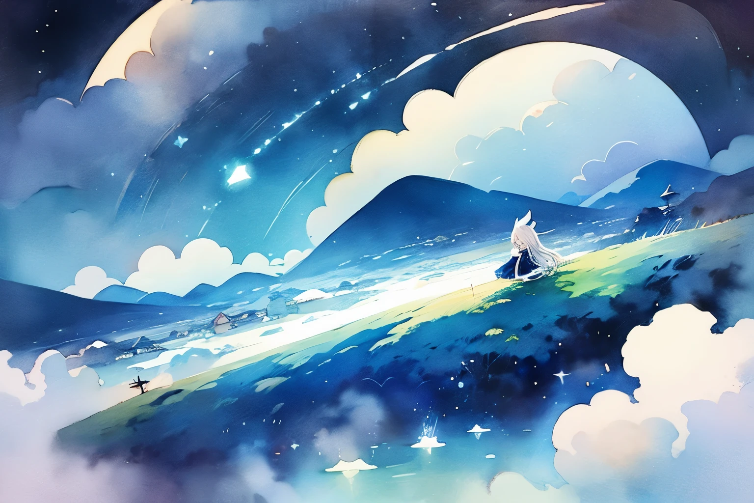 Above the Clouds、sleep、Calm、Sleep、Watercolor、landscape、background、Fantasy、night、Fantasy、Dream Painting、Highest quality、アニメのbackground、masterpiece、Very detailed、Great art、Atmospheric anime、Starry Sky、Detail enhancements、Fantasylandscape画、Fantasyナイト、A moment of bliss、アニメのbackground