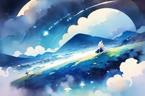 above the clouds、sleep、calm、sleep、watercolor、landscape、background、fantasy、night、fantasy、dream painting、highest quality、アニメのbackg...