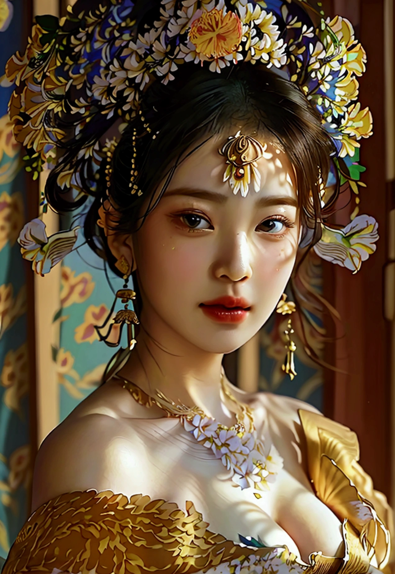 Highest quality, Masterpiece, high resolutionเป็นพิเศษ, (realistic: 1.4) 1 woman, beautiful_face, Fine skin, full body, decorate, alone, palace, queen, earring, (Tuesday: 1.3), Blurry, realistic, lips, สไตล์Dunhuang, (tangled: 1.2), (flower: 1.4), big breasts, The navel is exposed, , ahe-face, painful expression, enjoyable, big, armpit, M-shaped legs, open legs, camel toe, Barefoot, Barefoot, Barefoot, Highest quality, Masterpiece, Highly detailed, high resolution, 8ก, complicated details, realistic, realistic, Incredible light, Partially hidden 1 woman, Dunhuang_clothes, Dunhuang_set, clothes, (see through: 1.3), Through a thin curtain., Look at the chest., Create an attractive and suggestive effect.., Lets you see her skin and the shape of her breasts..