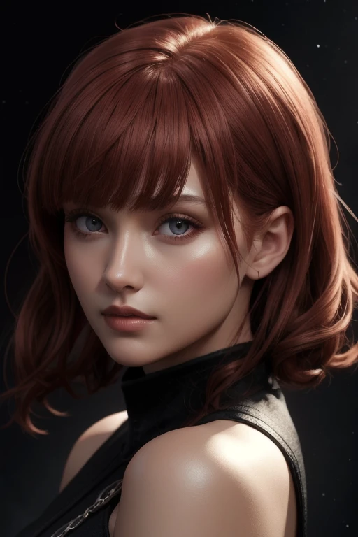 One girl, Star Eye, blush, Perfect lighting, Redhead, Red eyes, Unreal Engine, Side light, Detailed face, bangs, Light Skin, Simple Background, Dark Background, 