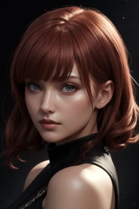 one girl, star eye, blush, perfect lighting, redhead, red eyes, unreal engine, side light, detailed face, bangs, light skin, sim...