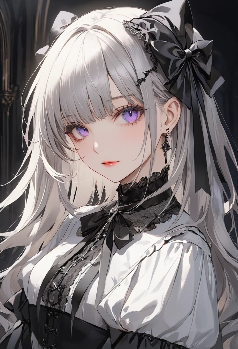 (top-quality),(masuter piece),Delicately drawn face,girl with a pretty face,beautiful detailed eyes,Gothic Lolita Fashionb,((Black and white costume)),(Beautiful silky silver hair:1.2),black ribbon hair ornament,Film Lighting,in Gothic room