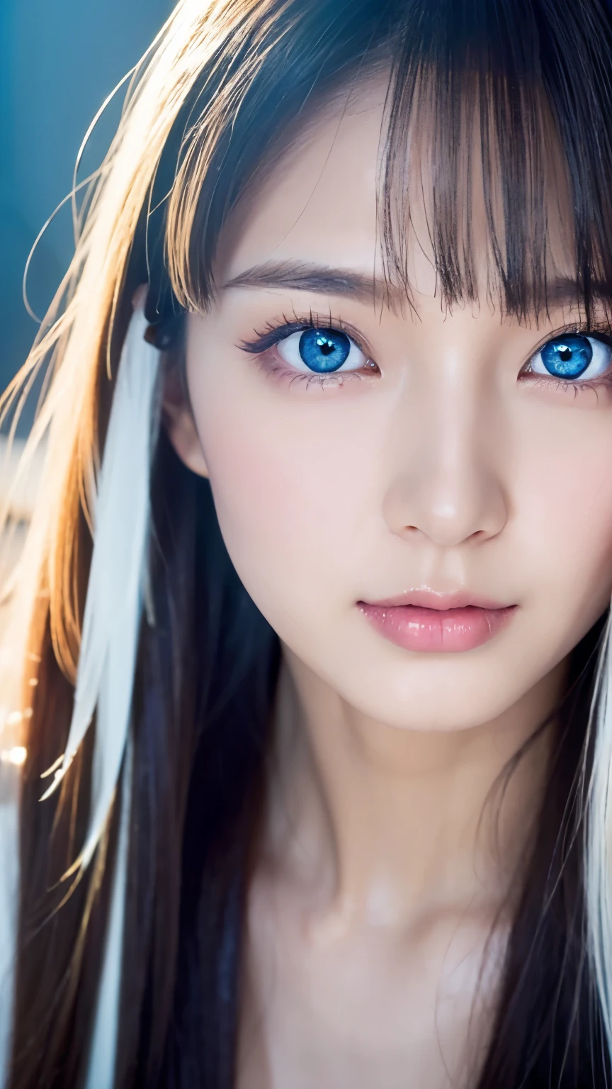 Unparalleled beauty, Glossy, firm and shiny skin, Bangs between the eyes, Beautiful shiny, straight platinum blonde, Super long straight silky hair, eyeliner, sexyで美しい無邪気な20歳, High resolution, Very bright and beautiful large glowing light blue eyes、Very big eyes、Beautiful and lovely girl, ((Huge ))、((erotic、sexy、超High resolution、The lighting is bright、Precise needles without discomfort))、