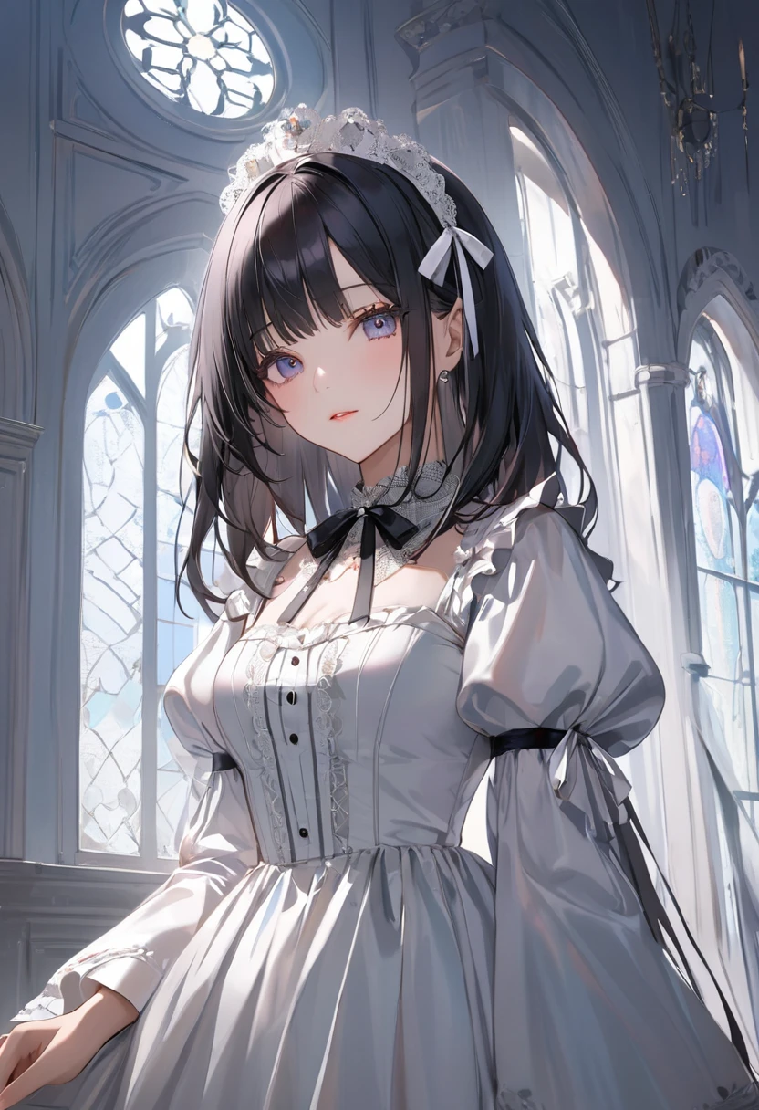 (top-quality),(masuter piece),Delicately drawn face,girl with a pretty face,beautiful detailed eyes,White Gothic Lolita Fashion,((Black and white costume)),(Beautiful silky black hair:1.2),white ribbon hair ornament,Film Lighting,in White Gothic room