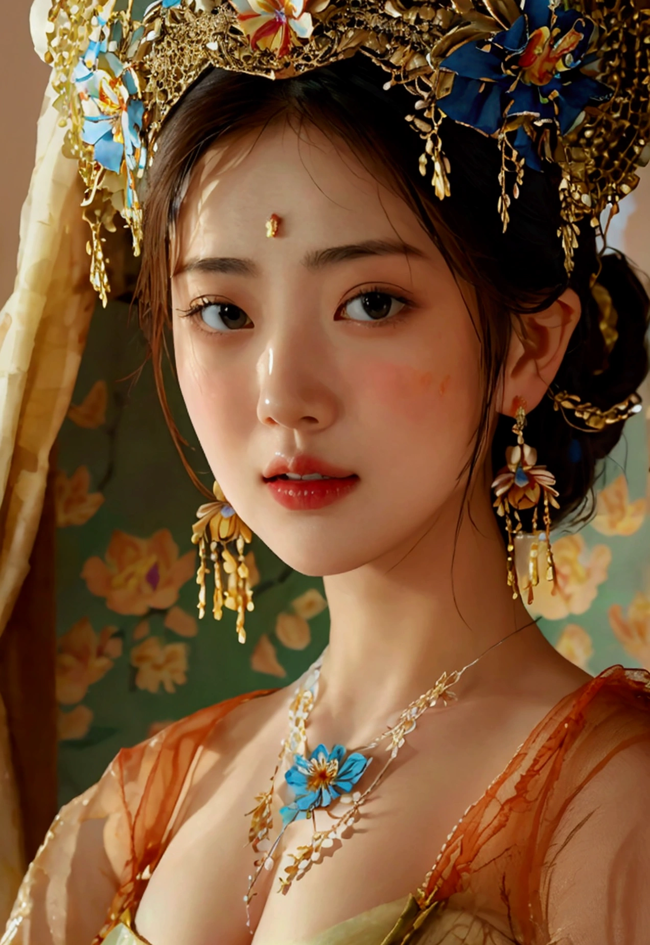 Highest quality, Masterpiece, high resolutionเป็นพิเศษ, (realistic: 1.4) 1 girl, beautiful_face, Fine skin, full body, decorations, alone, palace, queen, earring, (Tuesday: 1.3), Blurry, realistic, lips, สไตล์Dunhuang, (tangled: 1.2), (flower: 1.4), big breasts, The navel is exposed, , ahe-face, painful expression, enjoy, big, armpit, M shaped legs, open legs, camel toe, Barefoot, Barefoot, Barefoot, Highest quality, Masterpiece, Highly detailed, high resolution, 8ก, complicated details, realistic, realistic, incredible light, Partially hidden 1 girl, Dunhuang_clothes, Dunhuang_set, clothes, (see through: 1.3), Through a thin curtain, glance at chest, Create an attractive and suggestive effect., Lets you see her skin and breast shape.