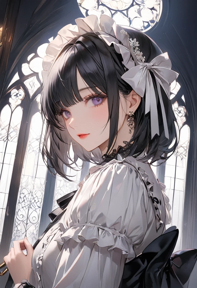 (top-quality),(masuter piece),Delicately drawn face,girl with a pretty face,beautiful detailed eyes,White Gothic Lolita Fashion,((Black and white costume)),(Beautiful silky black hair:1.2),white ribbon hair ornament,Film Lighting,in White Gothic room